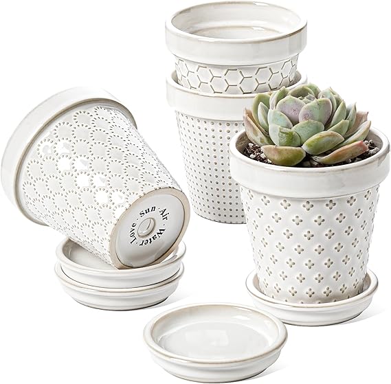 Ceramic Succulent Pots, 4 Inch Small Plant Pot for Indoor Plant Cactus, Embossed Flower Pots with Drainage Hole & Saucer - Set of 4, Arctic White