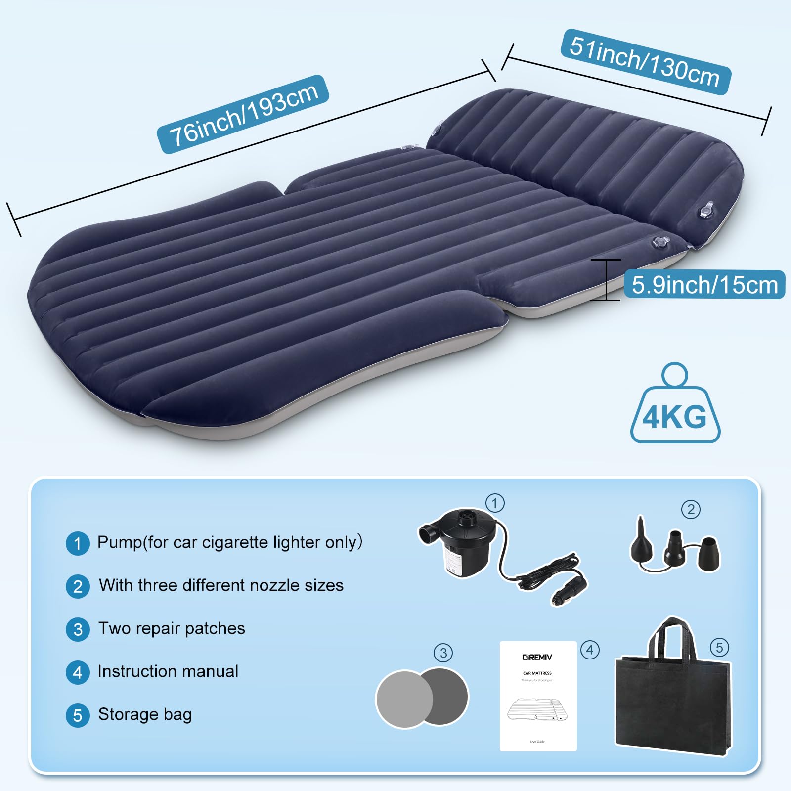 Ciremiv Auto Matratze mit Doppelseitiger, Dicker Beflockung,Auto Luftmatratze mit Pumpe und Eingebautem Kissen/Auslaufsichere, Bequeme, Langlebige Autobett,Car Bed für Autocamping, Roadtrip