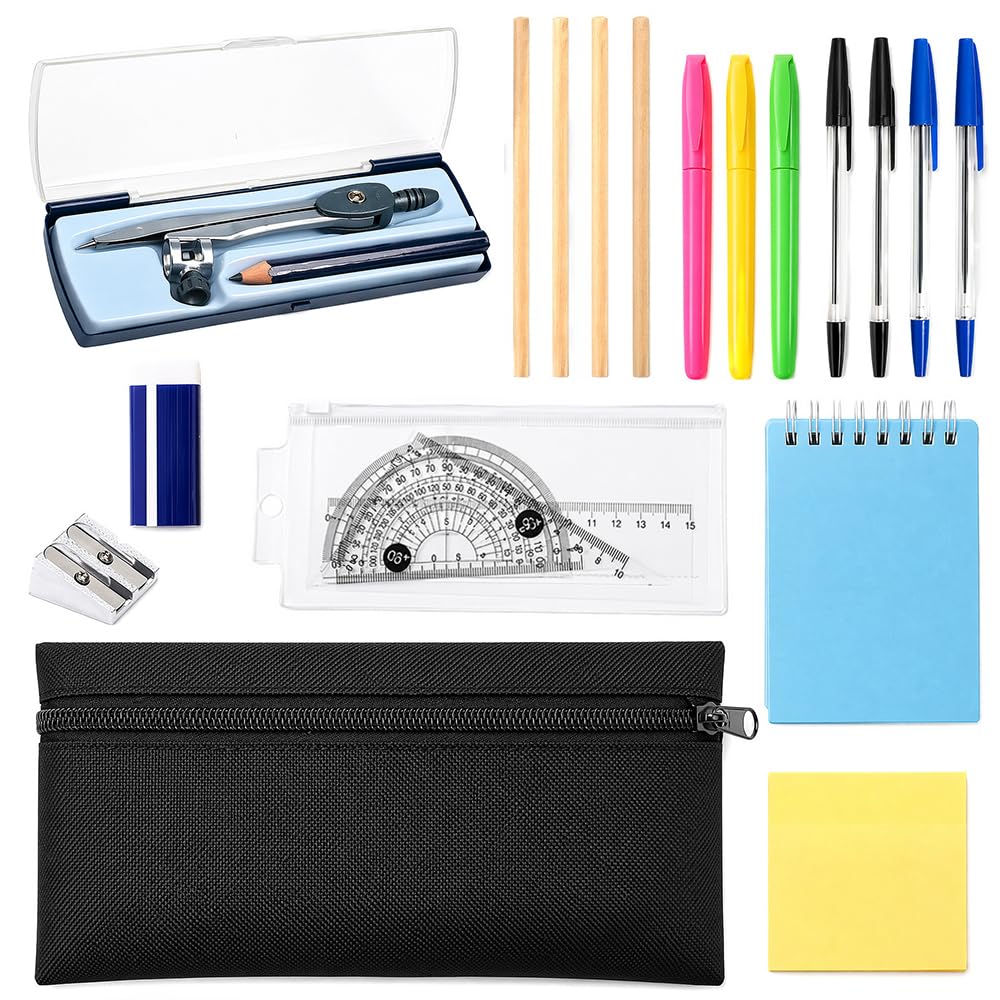 18PCS Stationery Sets, Back to School Stationery Set, Pencil Case with Stationery Included, Ruler, Notebook, Compass, Eraser, Sharpener, Post-it Notes, Maths & Geometry Sets for Secondary School
