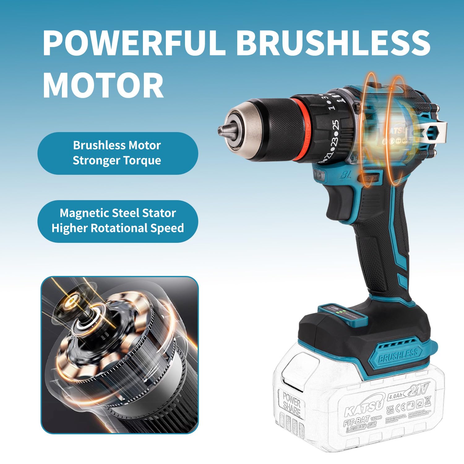 KATSU FIT-BAT de 21 V Taladro atornillador de impacto inalámbrico sin escobillas, portabrocas de 13 mm, sin batería 102624