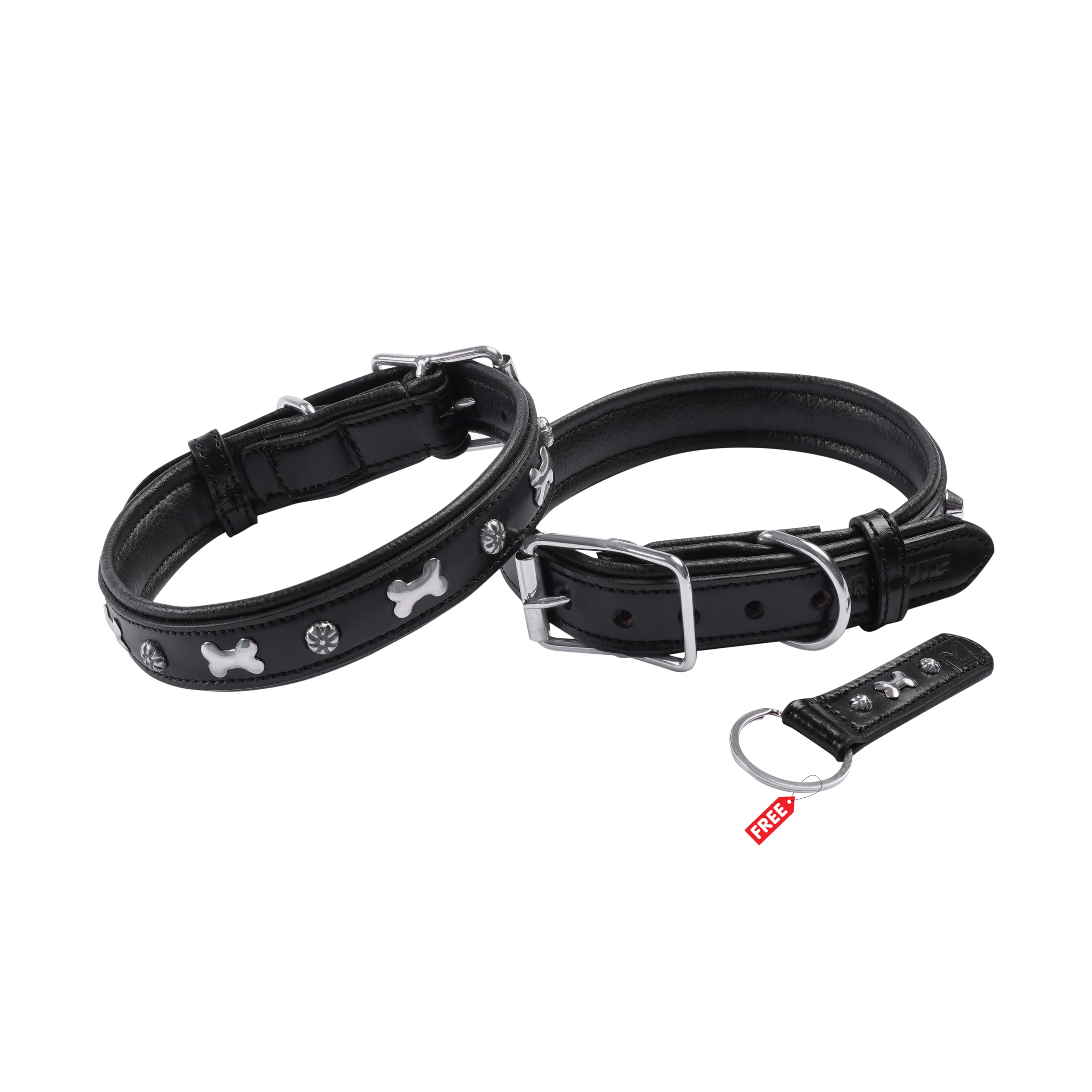REDLUXE Genuine Leather Dog Collar with Bone Stud Design, Soft Padded Adjustable Pet Collar for Small, Medium & Large Dogs, Heavy Duty Metal Buckle & D-Ring,Free Matching Keyring (BLACK, S)