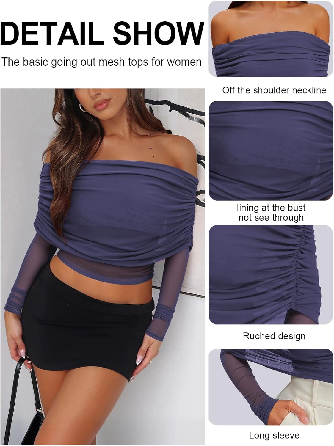 Women's Sexy Mesh Long Sleeve Top for Women Off Shoulder Sheer Ruched Going Out Tops Cocktail Party Outfits - Image 4