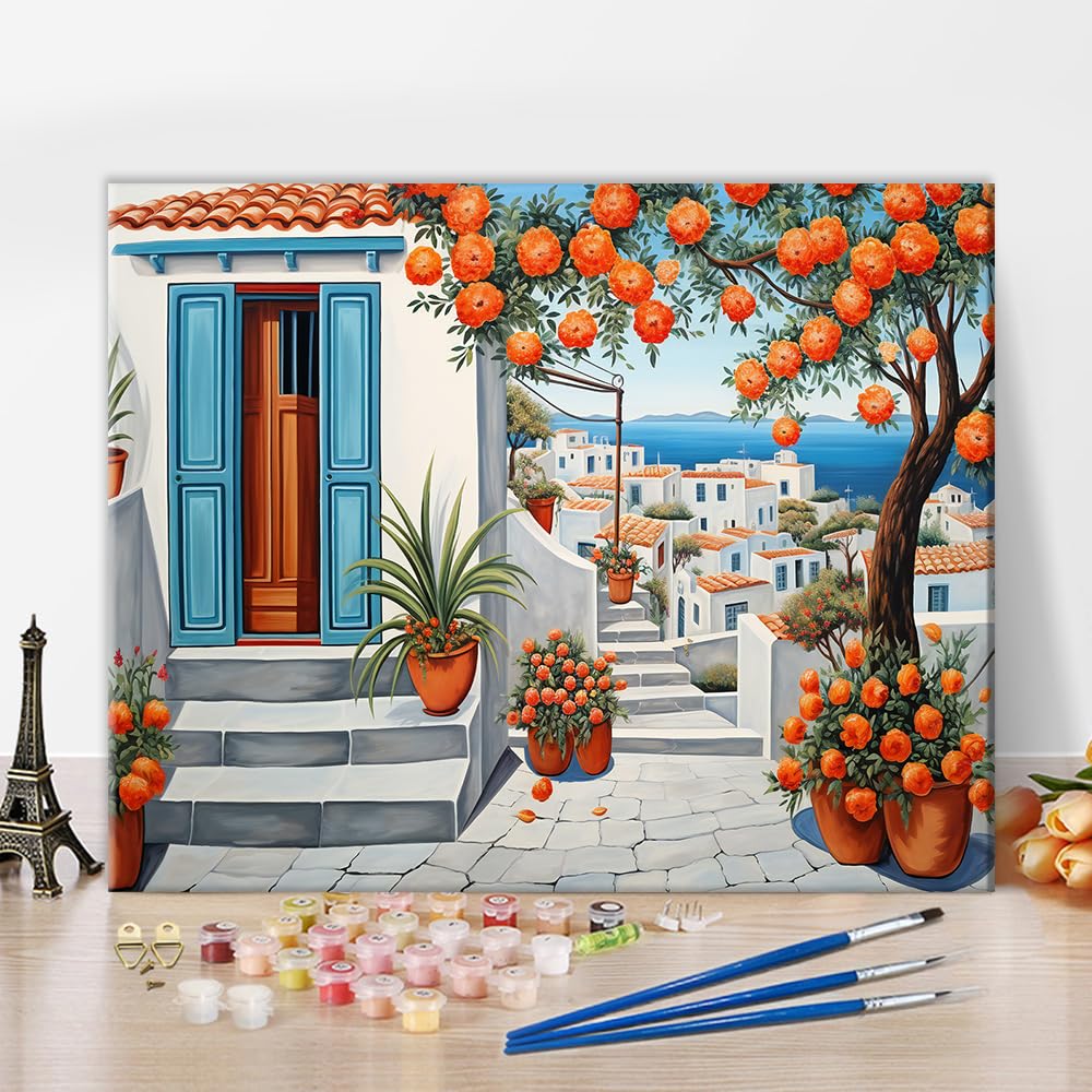 TISHIRON Landscape Paint by Numbers, Cartoon Garden with Orange Tree and Flowers Paint by Number with Brushes and Pigment, DIY Art Crafts Canvas Oil Painting, 16x20 Inch