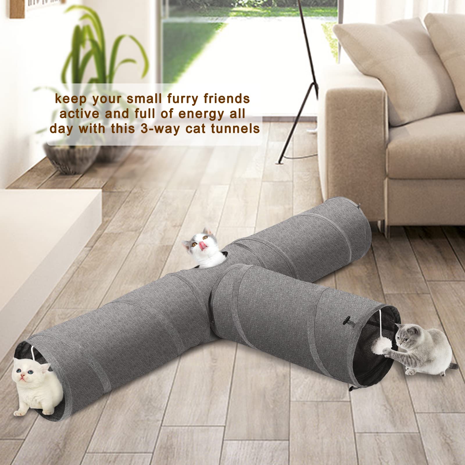 Ownpets Tunnel pieghevole per gattini, a 3 vie, lungo 120 cm, con palla di peluche e piume, grande tunnel da gioco per gatti, cuccioli, conigli