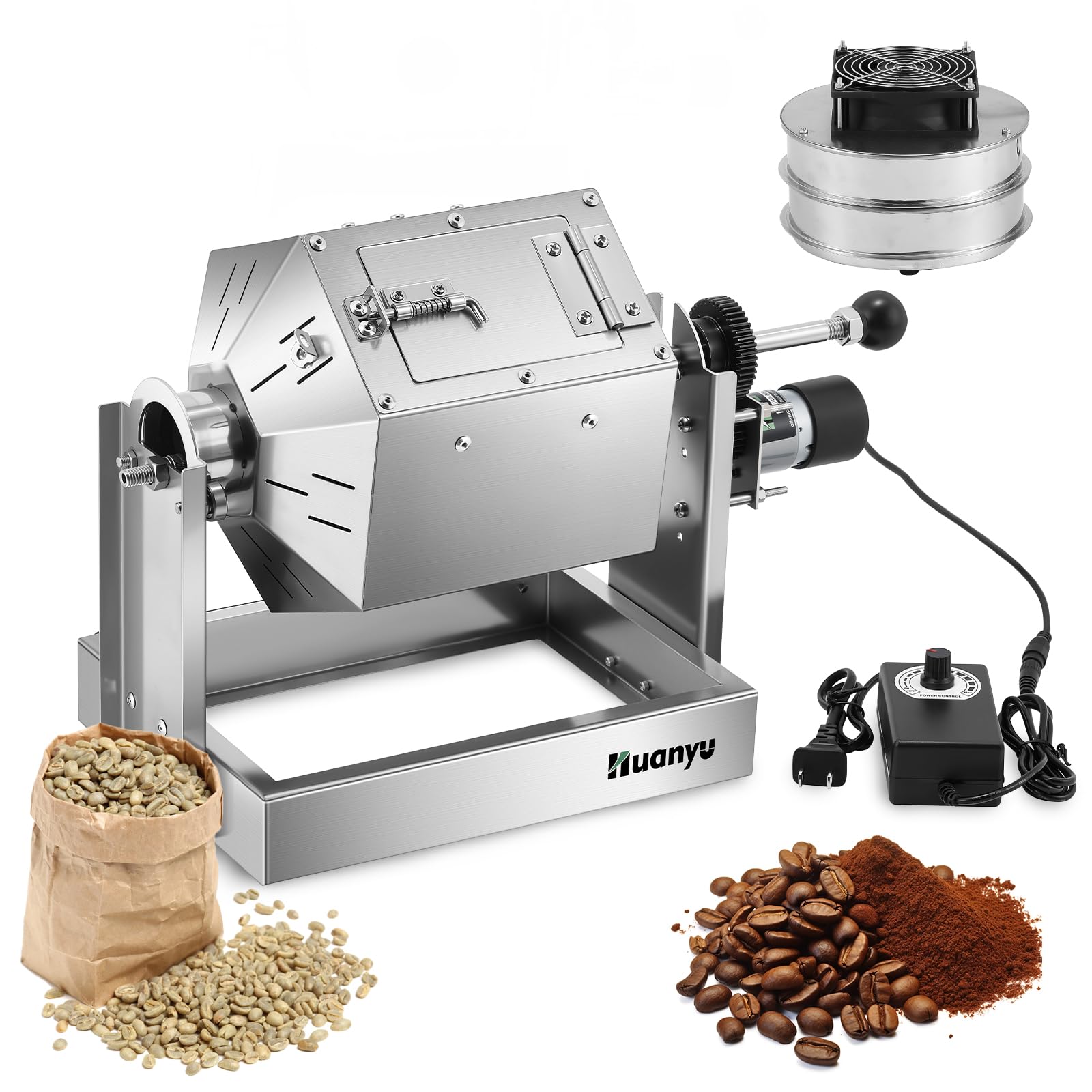 Huanyu Kaffeeröster mit Kaffeebohnenkühler 500g Kapazität Kaffeeröster Maschine Edelstahl Elektrischer Kaffeebohnenröster Multifunktionaler Röster für Erdnüsse und Körner