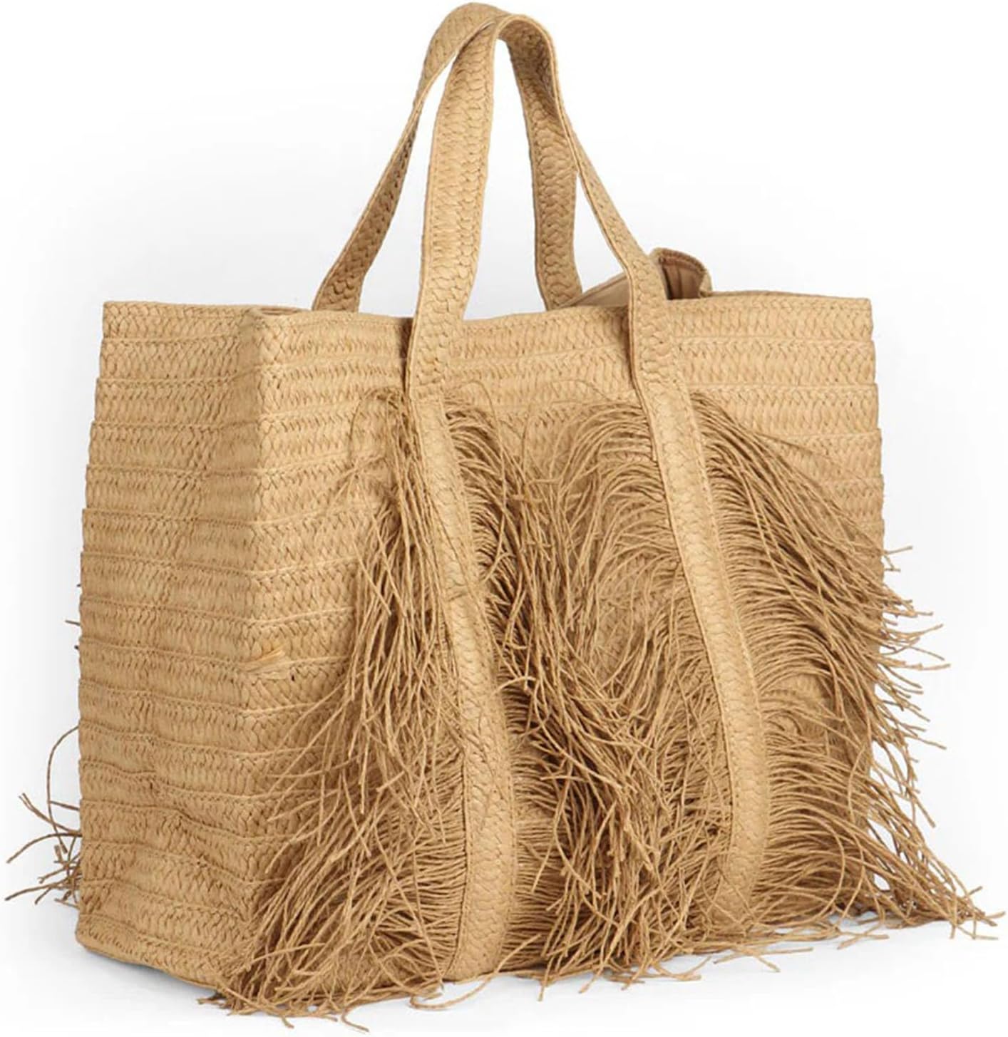 Woven Straw Tote Bag for Women, Fashion Summer Fringe Handbag with Tassel Large Beach Shoulder Bag Casual Purse