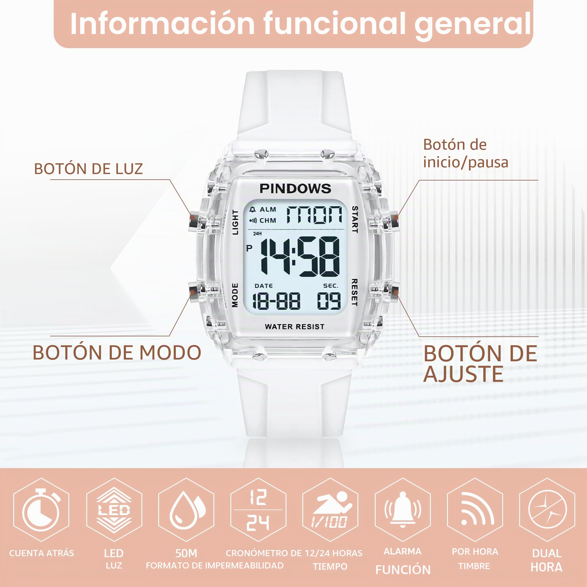 PINIDOUS Mujeres Relojes para Mujeres Reloj para Adolescentes Estudiantes Relojes Deportivos Digitales Impermeables con Alarma Cronómetro Cuenta atrás Timbre horario Función Luz de Alto Brillo