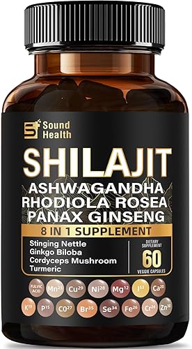 SoundHealth Cápsulas puras de Shilajit 60 unidades Fórmula 8 en 1 Extracto concentrado 25:1 (equivalente a 10,000 mg) Paquete de botella