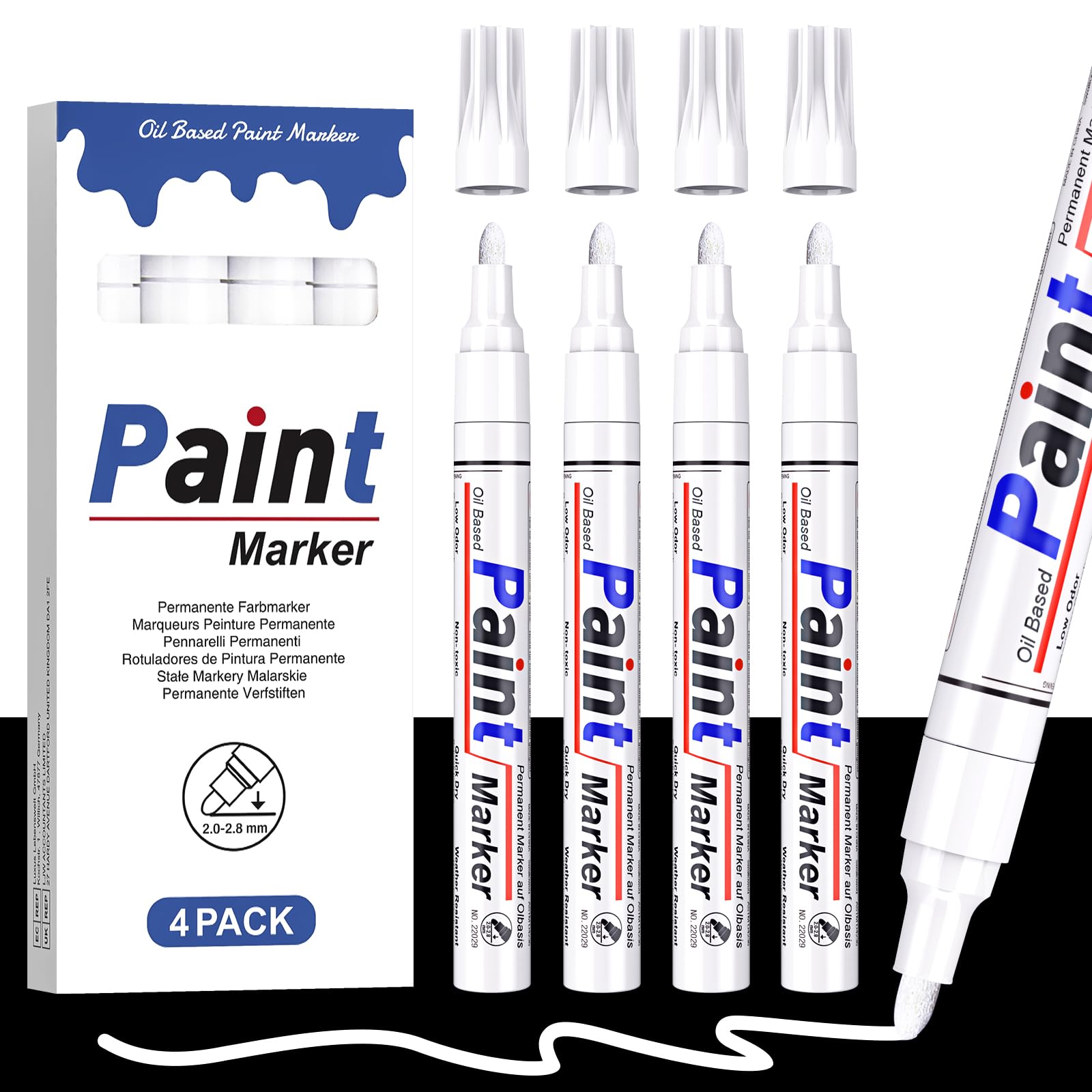 AOSUCO Lápiz de retoque blanco, 4 marcadores permanentes, resistentes al agua, rotulador de pintura para neumáticos, blanco, 2-2,8 mm, marcador permanente blanco para escribir y marcar neumáticos