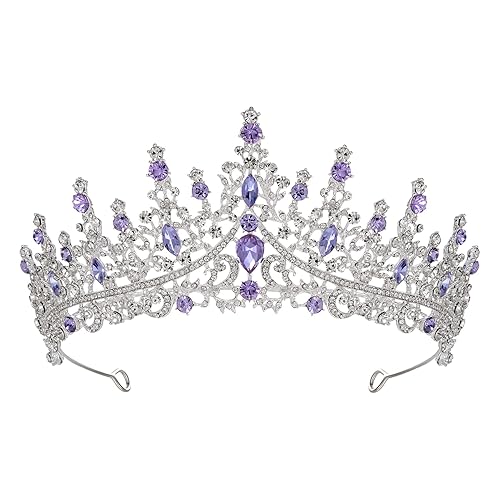 SWEETV Crystal Wedding Tiara for Women, Royal Queen Crown Headband, Rhinestone Princess Hair Accessories for Prom Birthday - 5.Purple + Silver