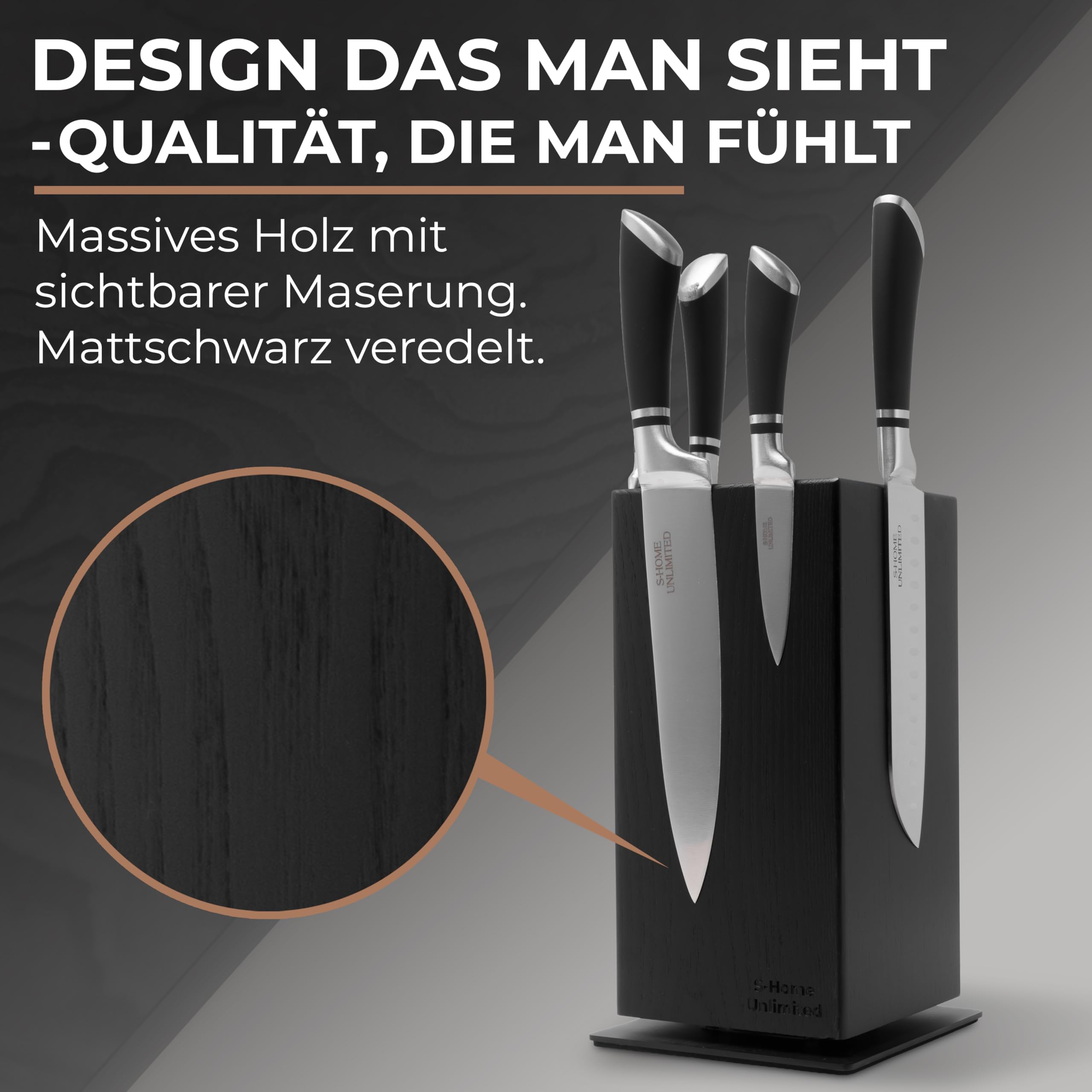 Magnetischer Messerblock ohne Messer | 360° drehbar | Massiver Holzblock in Schwarz mit sichtbarer Maserung | Sicherer Stand dank schwerem Metallfuß