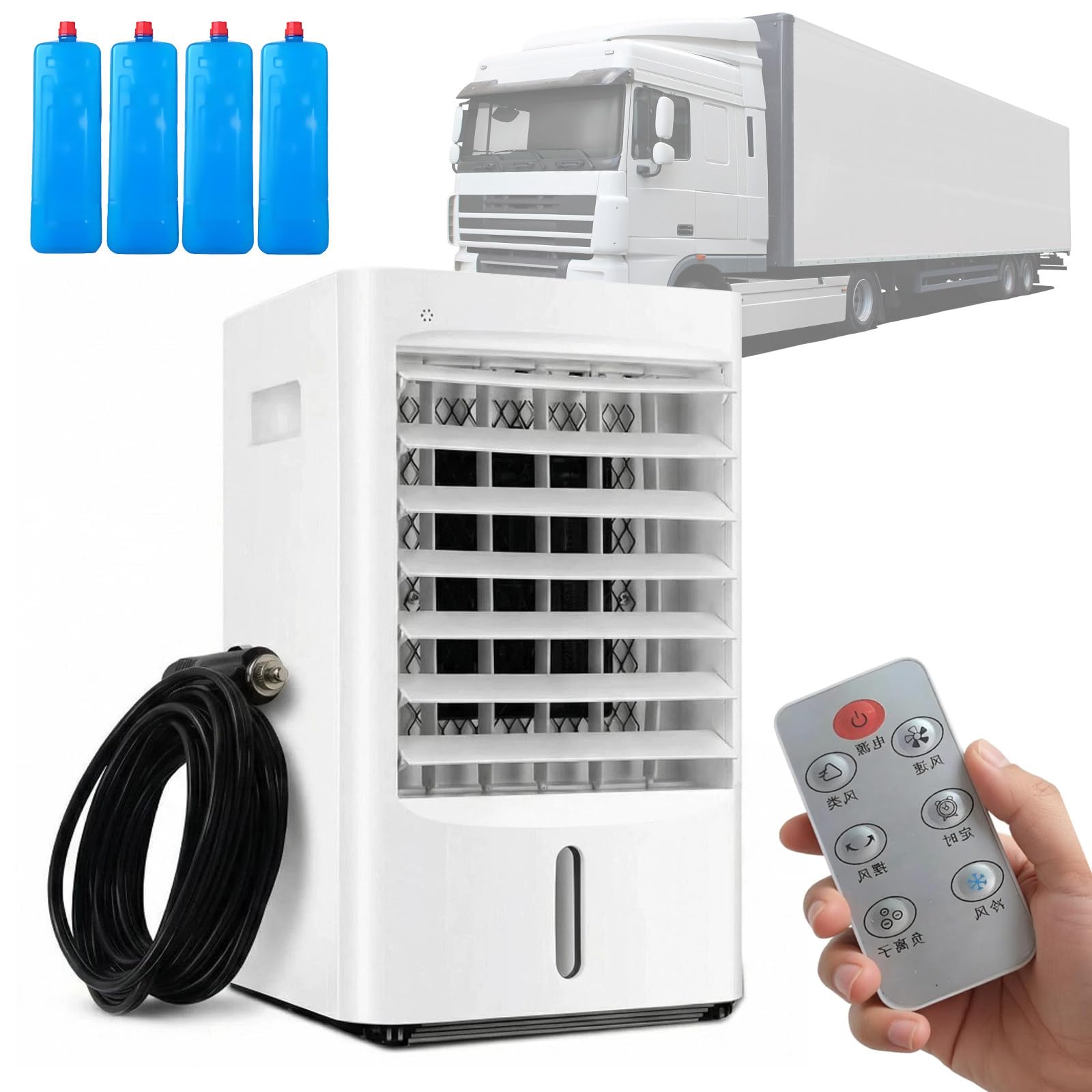 Ventilador Enfriador de Aire y humidificador 4 en 1, Enfriador de Aire portátil para Camiones con depósito de Agua de 4 L, Temporizador de 7,5 Horas; para Uso en el hogar, autocaravanas 12V