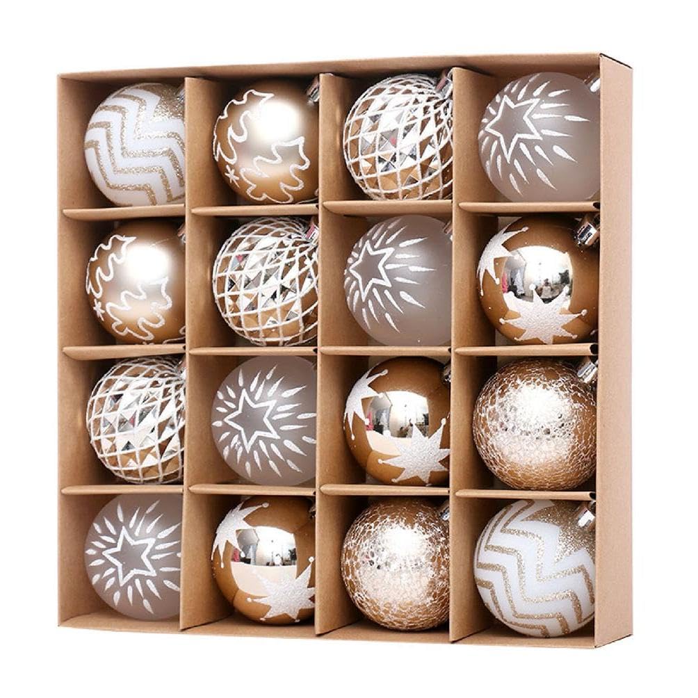 FUZYXIH Pack Of 16 Exquisite Champagne Gold And White Christmas Bauble Balls Ornaments Create Festive Atmospheres At Home Traditional Gold Christmas