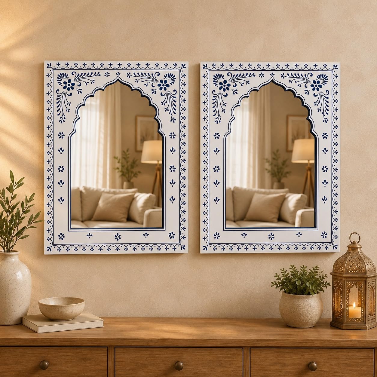 American Elm Pack of 2 White Blue Jharokha Acrylic Mirror Wall Hanging Panel for Home Decor Living Room Bedroom Mughal Floral MDF Mirror Wall Art-image-18