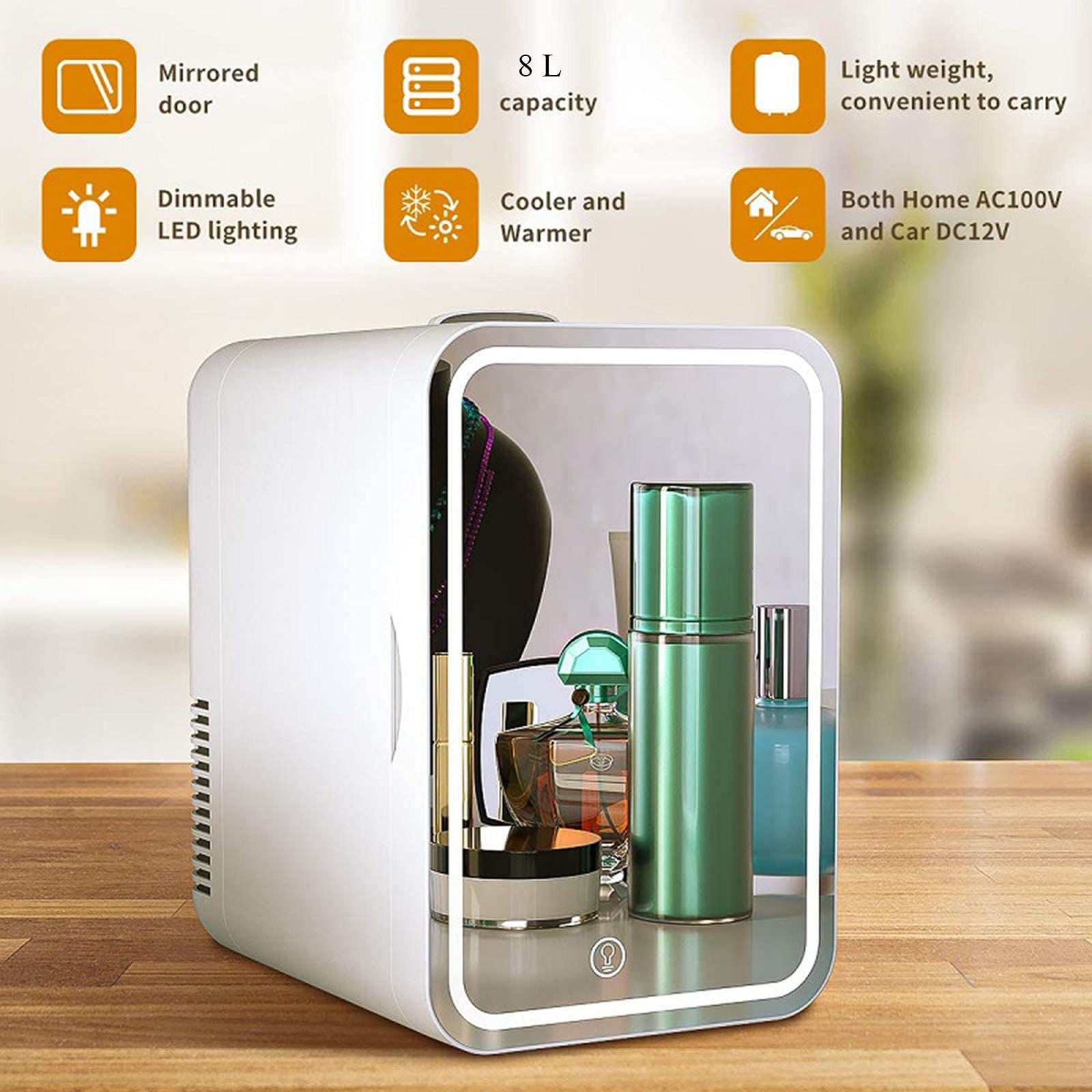 Mini refrigerador de belleza para maquillaje, mini refrigerador de 8 l, refrigerador cosmético portátil de bajo ruido para el hogar, espejo de maquillaje con luz LED, refrigerador/congelador más cál