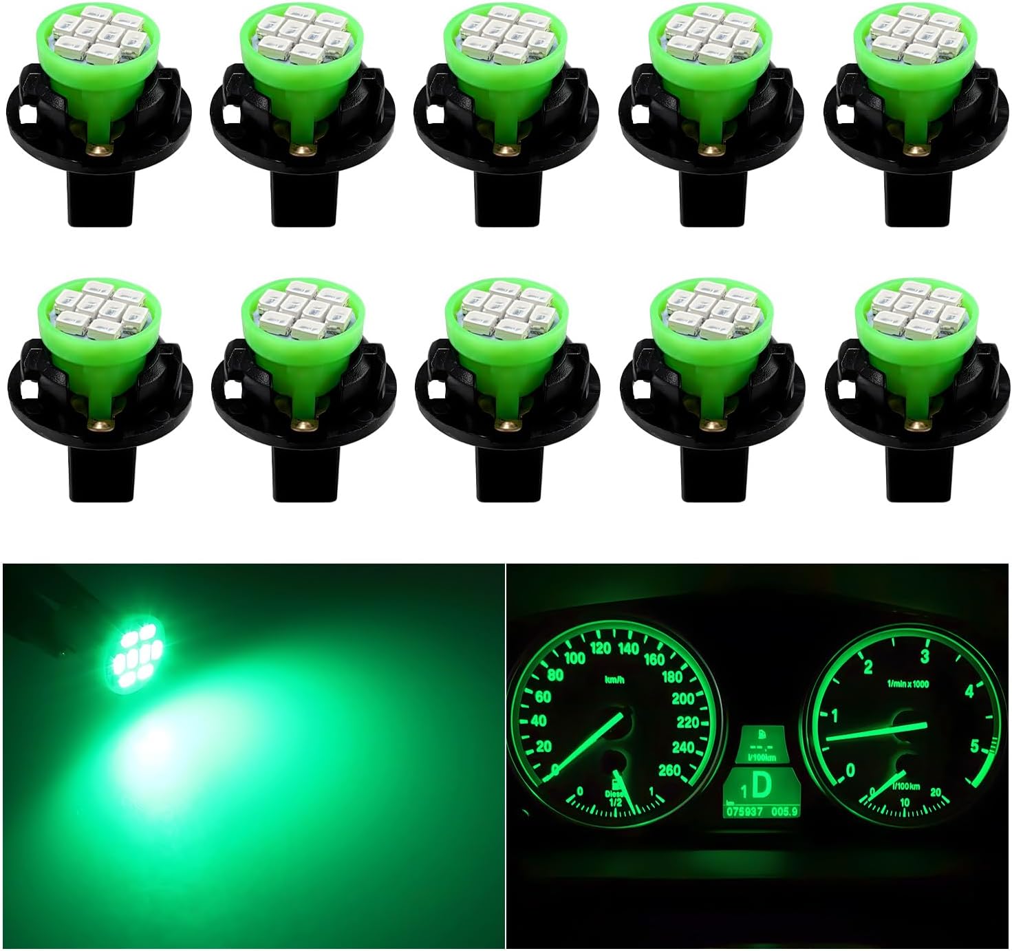 10 PCS T10 194 168 LED Dash Instrument Light Bulbs, Super Bright Panel Gauge Cluster Light with Twist Lock Socket, 12V 8-SMD LED Chipset Lamp Bulbs for Dashboard Map Dome (Green)