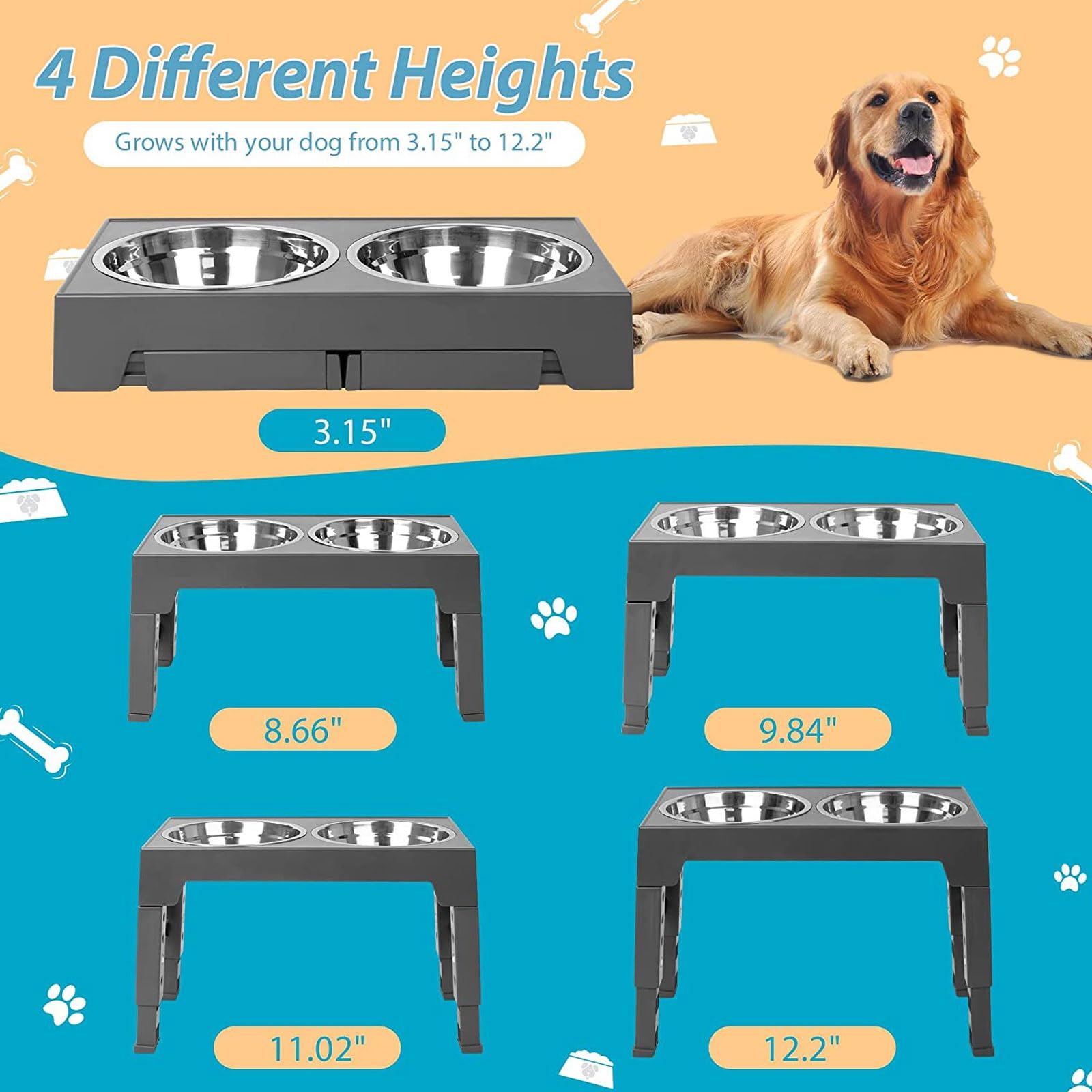 comederos para Mascotas, Comederos elevados for Mascotas, Soporte for comedero Elevado for Gatos, antivómitos, con 2 Cuencos Gruesos de Acero Inoxidable Antideslizantes.