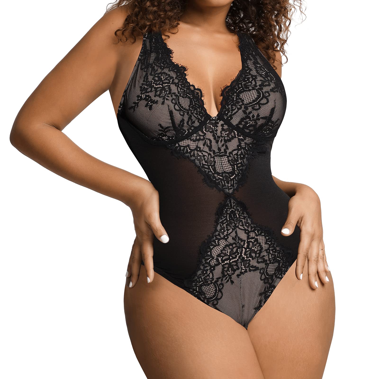 Photo 1 of Popilush Lace Shapewear Bodysuit V Neck Tummy Control Backless Tank Tops Sleeveless Thong Bodysuit Black-1 L (8-10)
