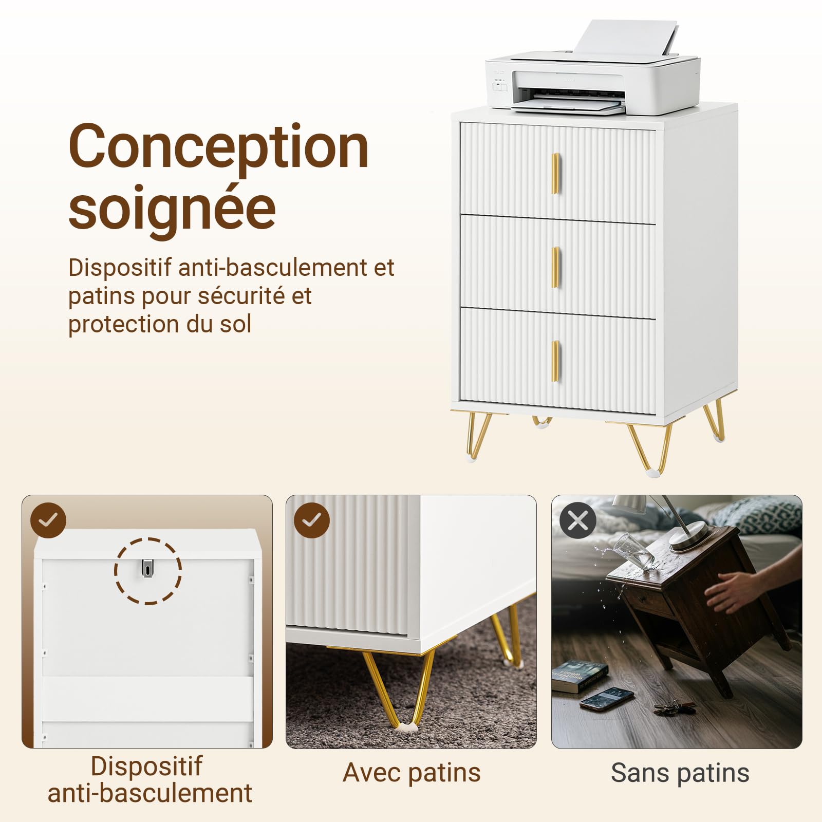 SoBuy Lot de 2 Tables de Chevet avec 3 tiroirs 40x40x63 cm | Hauteur ergonomique 63 cm, charge 33 kg, table de nuit gain de place Blanc FBT115-L-Wx2