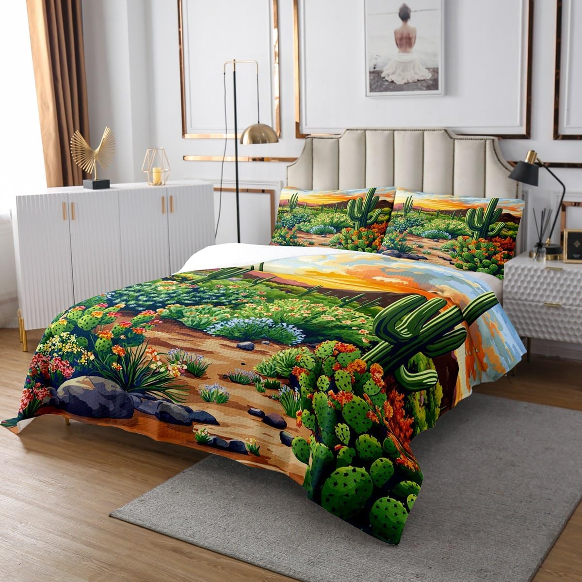 jejeloiu Western Cactus Coverlet Set Boho Succulent Bedspread Botanical Quilted Coverlet for Women Men Room Decor Green Plants Quilted Queen Size with 2 Pillow Case