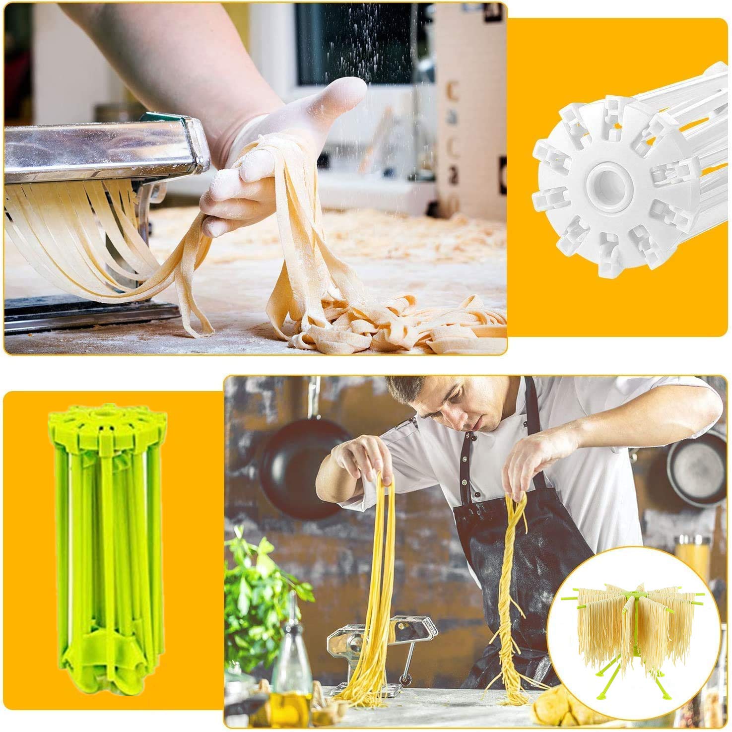 Égouttoir à Pâtes Pliable Jaune - 10 Poignées Pour Spaghetti Et Nouilles - Rangeable Facilement