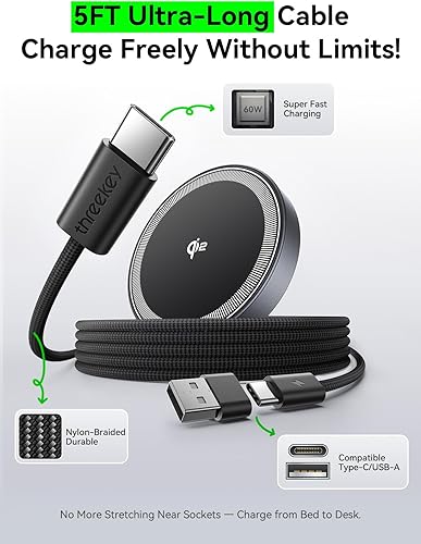 Miniatura 4 de THREEKEY Qi2 MagSafe - Cargador magnético para iPhone 171615141312 Series y Galaxy S25 Ultra, cargador inalámbrico Qi2 imanes de doble cara,