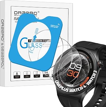 Orzero 3 Pack Tempered Glass Watch Screen Protector Compatible for OnePlus Watch 4/Watch 3, Protector De Pantalla with Auto Alignment Tool 9 Hardness HD Anti-Scratch Bubble Free