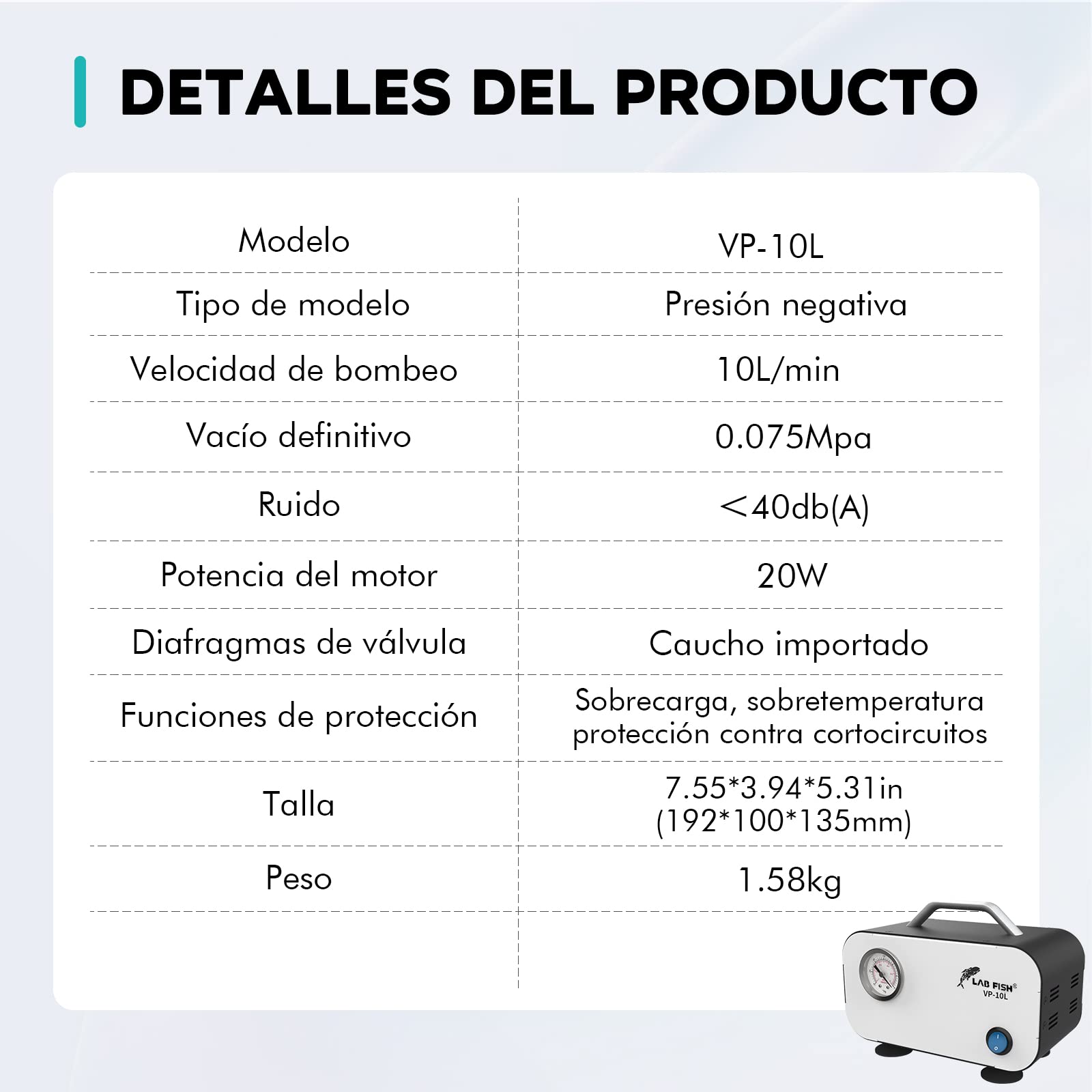 LAB FISH VP-10L Bomba de Vacío Portátil sin Aceite, 10L/min 0,075Mpa Laboratorio