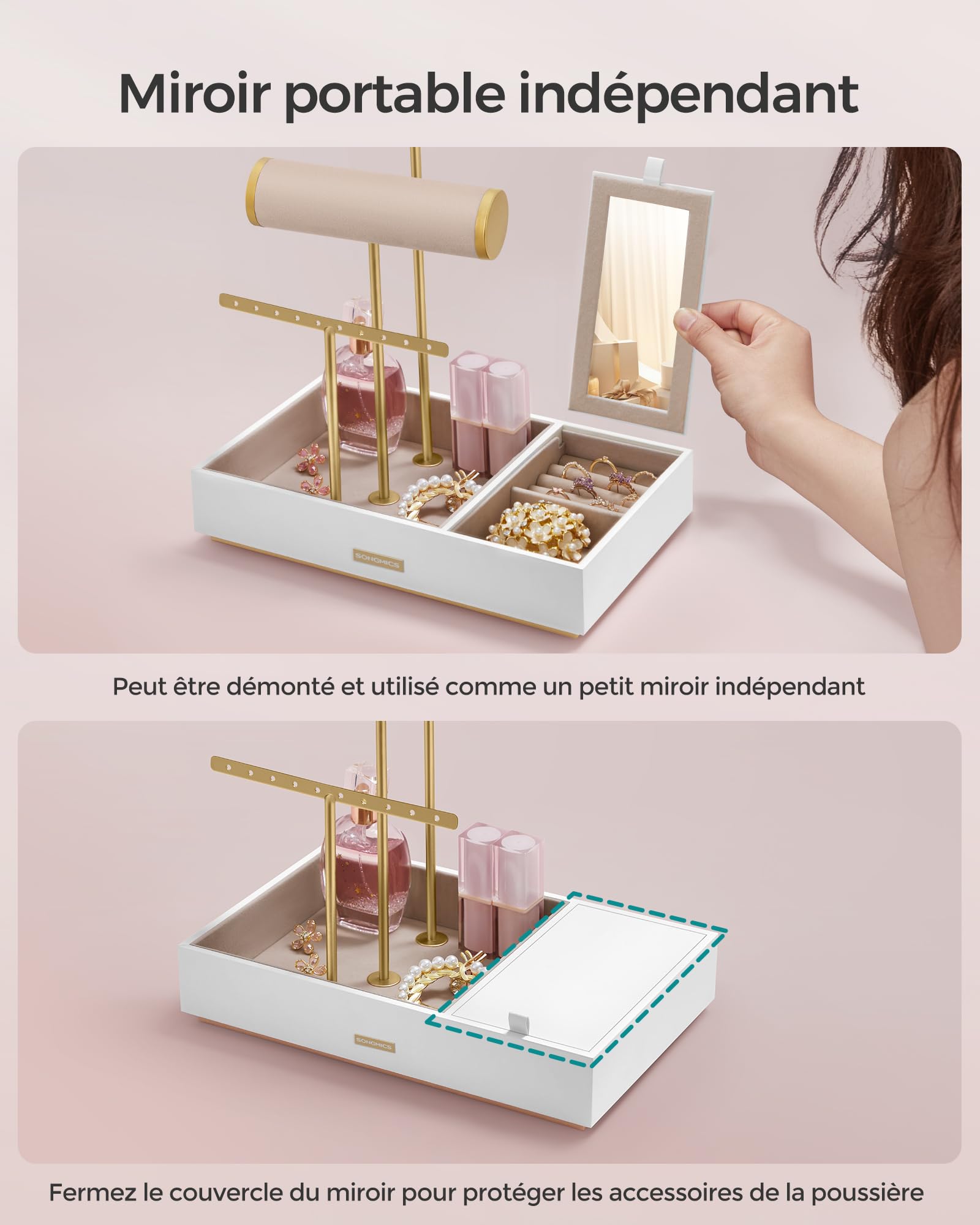 SONGMICS Porte-bijoux, Organisateur de Bijoux, Support Accessoires, en Métal et Bois, pour Colliers, Bracelets, Boucles d'oreilles, Bagues, Blanc et Doré JJS022W01