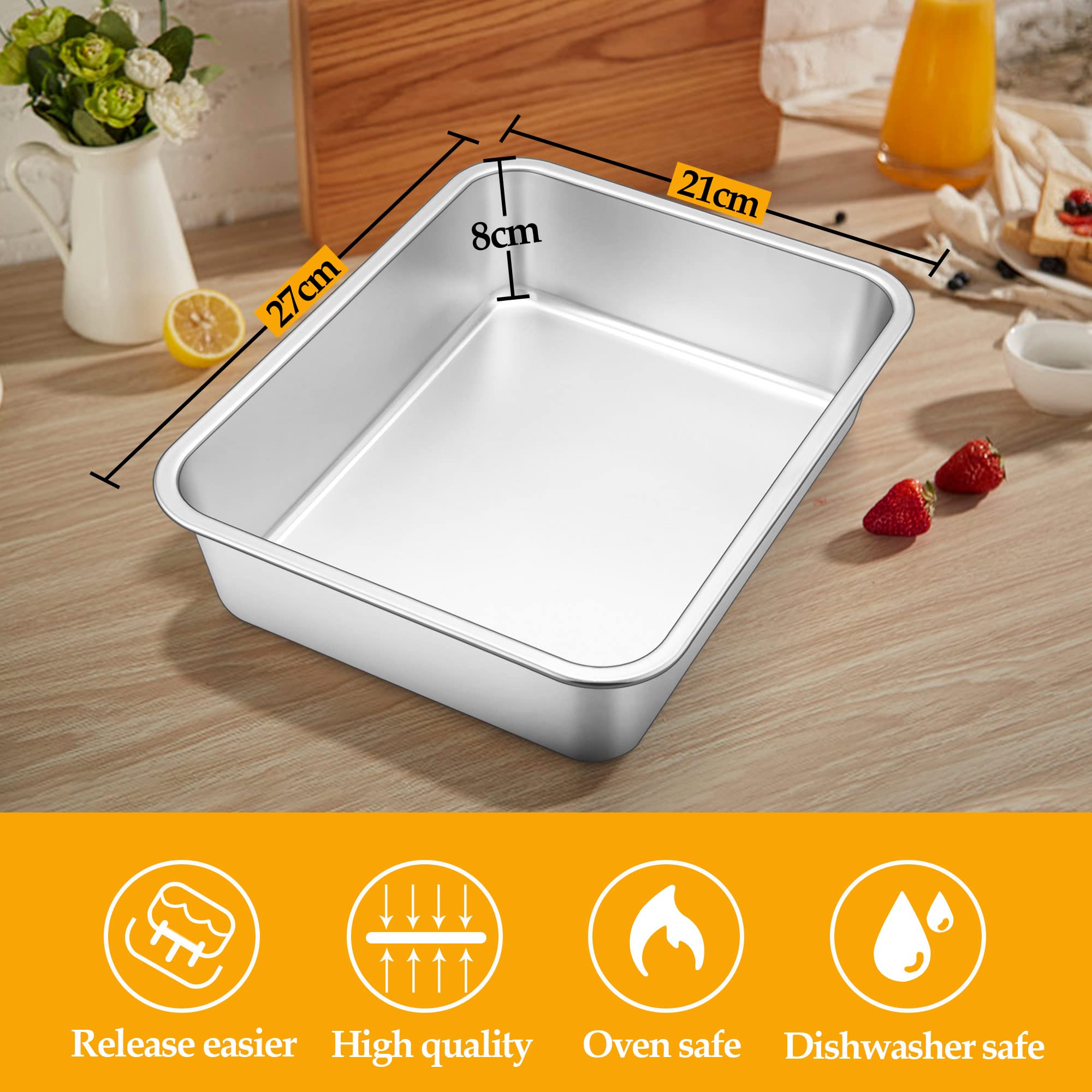 Joyfair Moule à gâteau profond rectangulaire en acier inoxydable, idéal pour lasagnes, brownies, rôtis, tarte, robuste et durable, passe au four et au lave-vaisselle, 27 x 21 x 8 cm