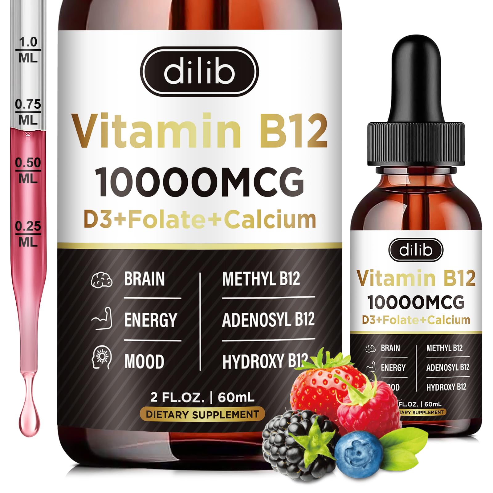 Vitamin B12 Complex 10000 mcg | Vegan Triple Liquid B-12 Drops Sublingual Supplement | Methylcobalamin & Adenosylcobalamin & Hydroxo Blend for Long-Lasting Energy and Healthy Metabolism Berry Flavor