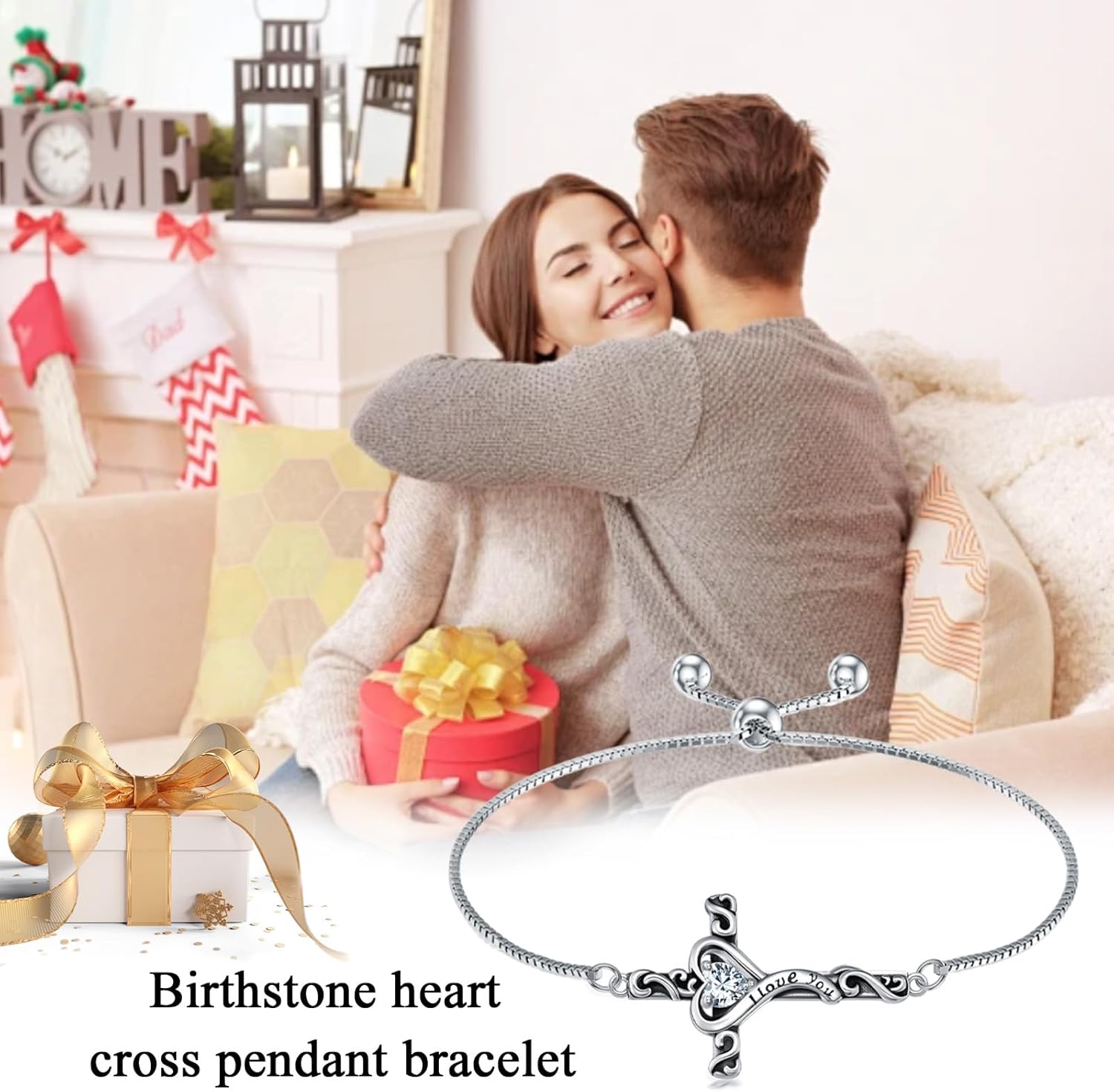 TOUPOP Birthstone Cross Bracelet for Women 925 Sterling Silver Cross Heart Bracelet I Love You Jewelry Birthday Christmas Gifts for Her Girlfriend Wife - Image 3