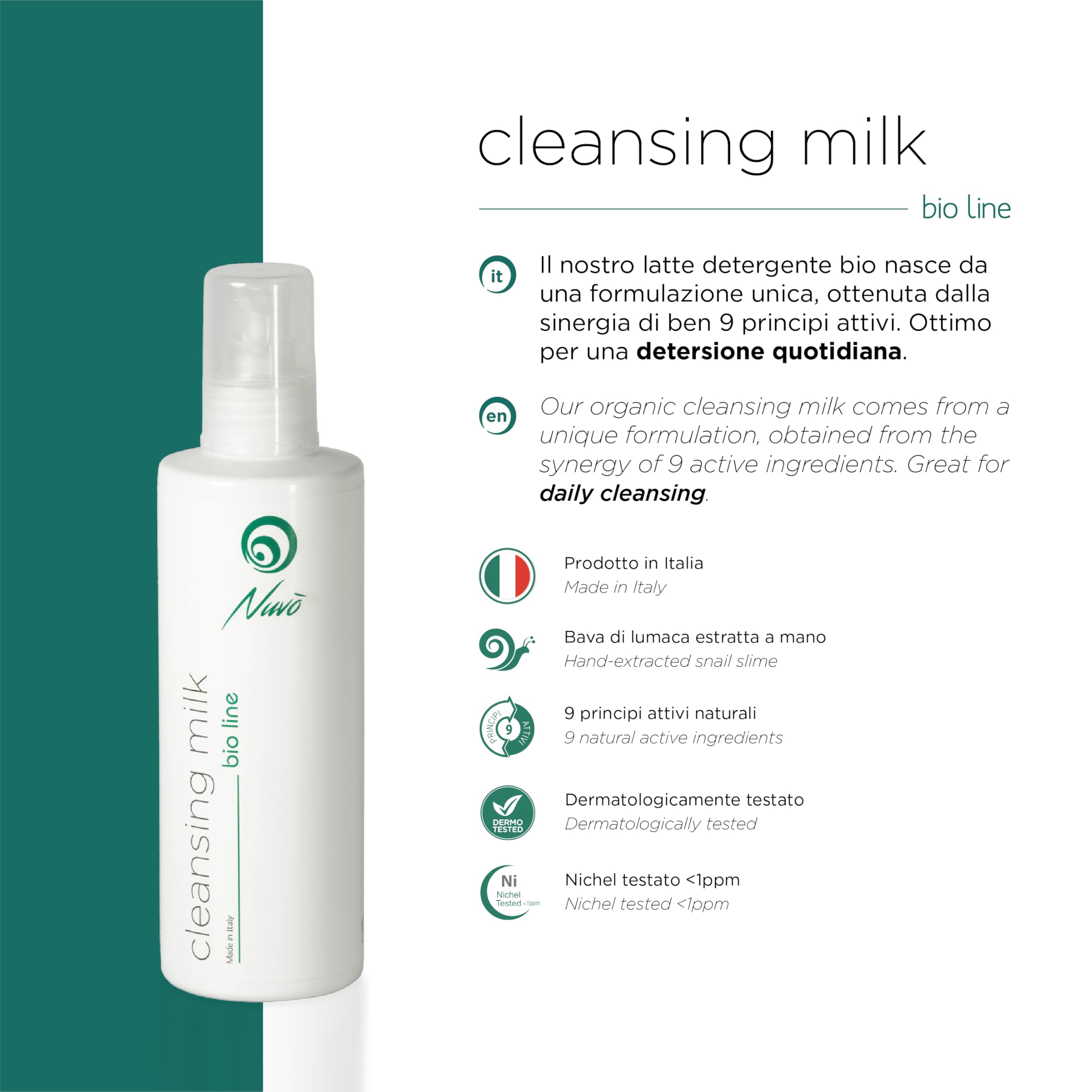 Nuvo' - Lait Nettoyant Visage à la Bave d Escargot, Acide Hyaluronique, Élimine les Impuretés Sans Dessécher la Peau, Formulation Délicate pour un Nettoyage Quotidien, Made in Italy, 200 ml