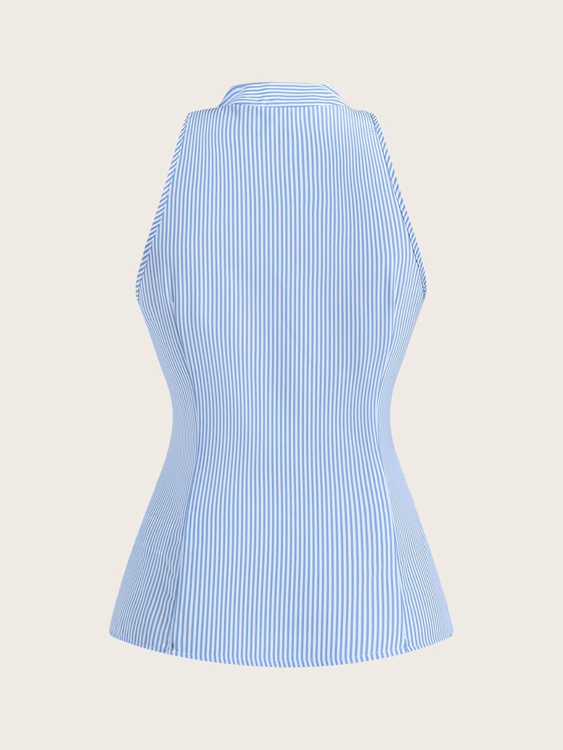 Women's Striped Ruched Blouse Button Down Notch V Neck Sleeveless Shirts - Image 2