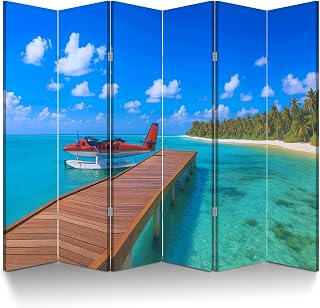 6 Panel Room Divider Screen Seaplane Maldives Folding Privacy Screen Canvas Wall Divider Wood Room Separator Portable Freestanding Partition 6Ft