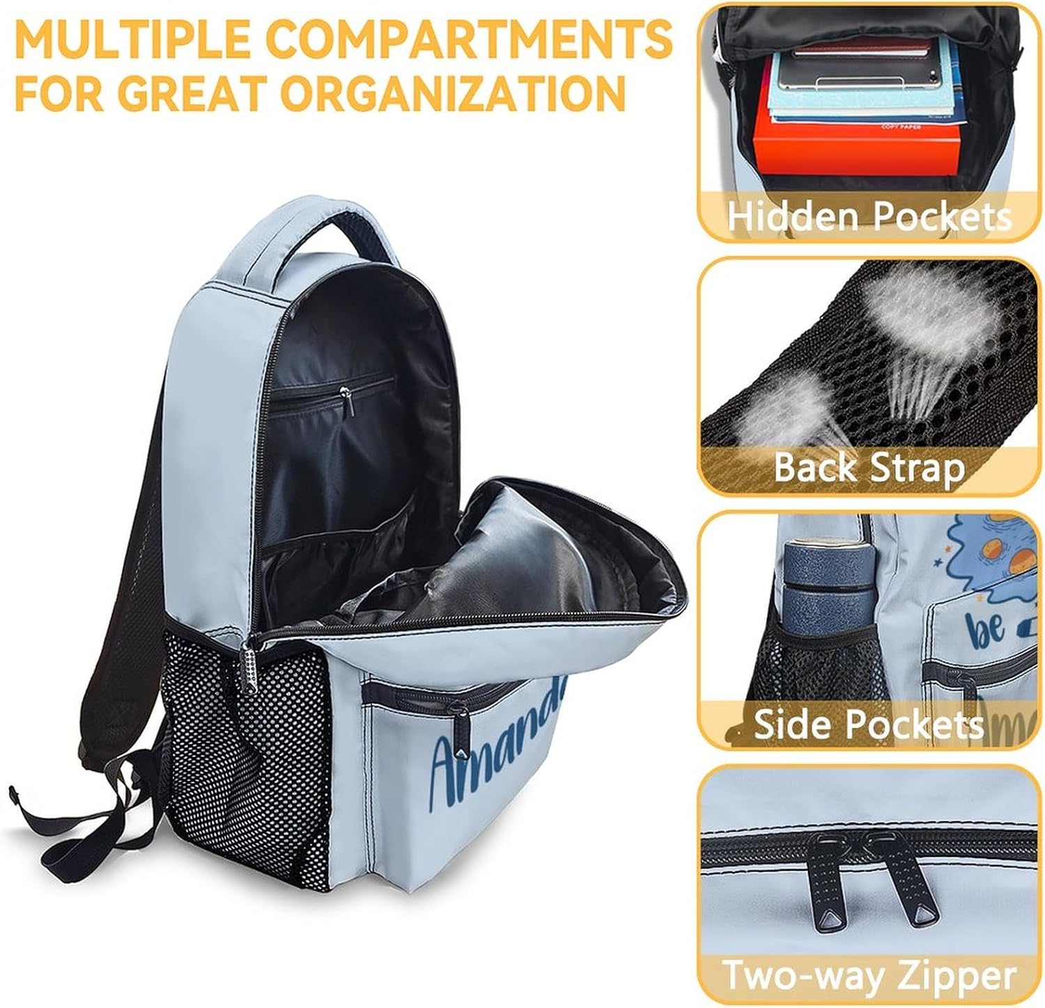 School Backpack for Kids Girls Boys, Personalized Set of 3 Backpacks Matching Combo, Cute Light Blue Bookbag and Pencil Case Bundle for Children Students, Back to School Supplies
