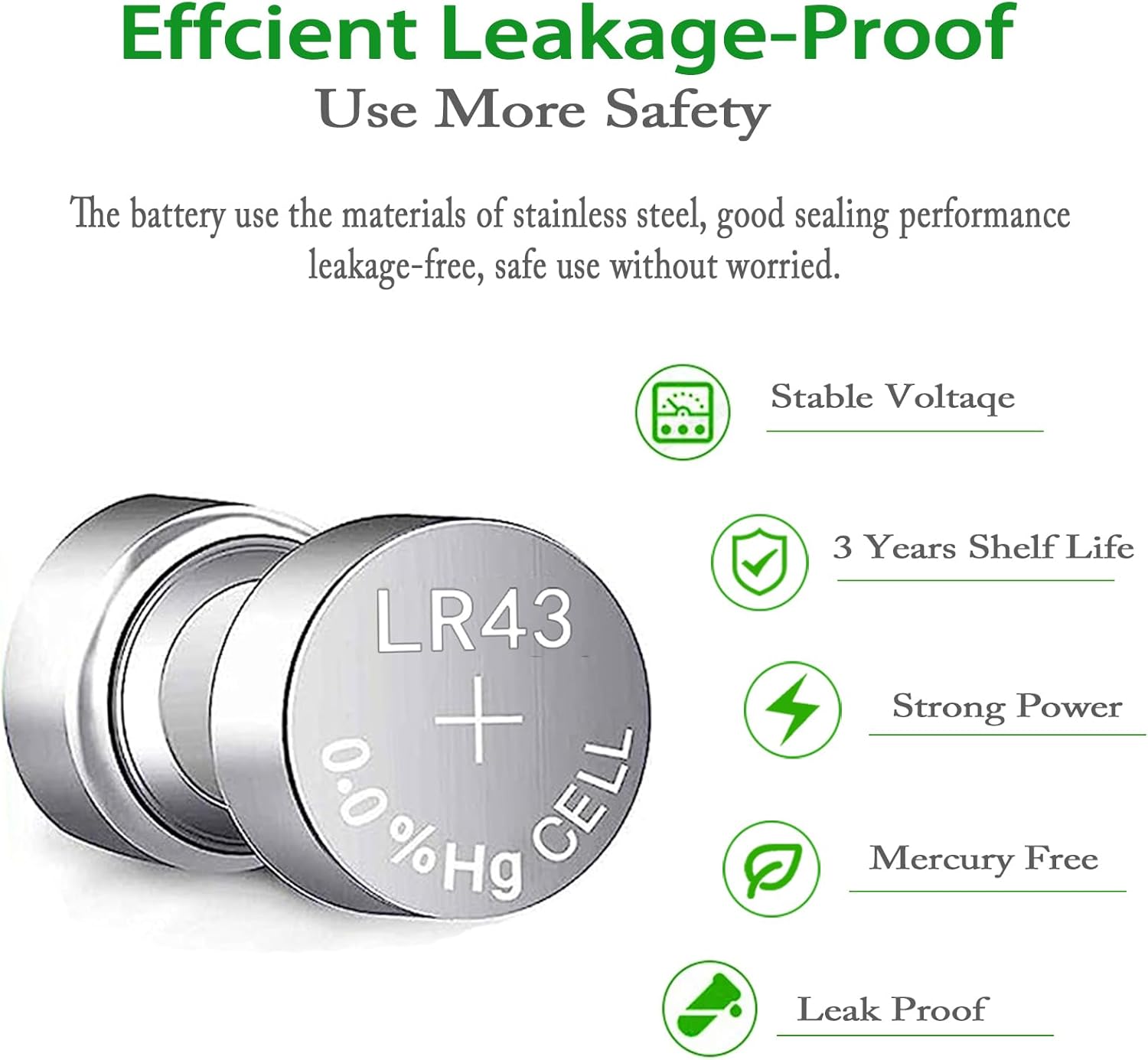Diagram showing leakage-proof features and benefits of LR43 battery