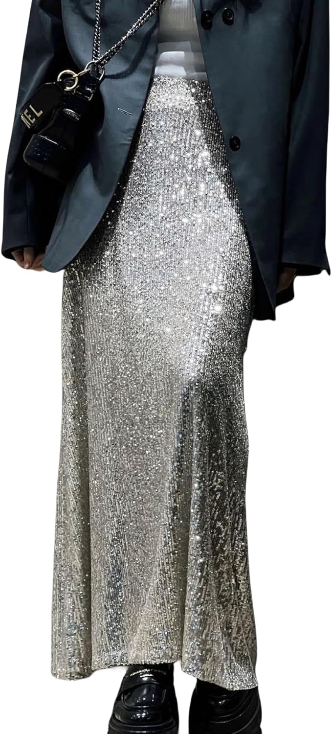 JUMISEE Women’s Silver Sequin Midi Skirt Stretchy High Waist Long Skirt Glitter Pencil Skirt for Night Out Party