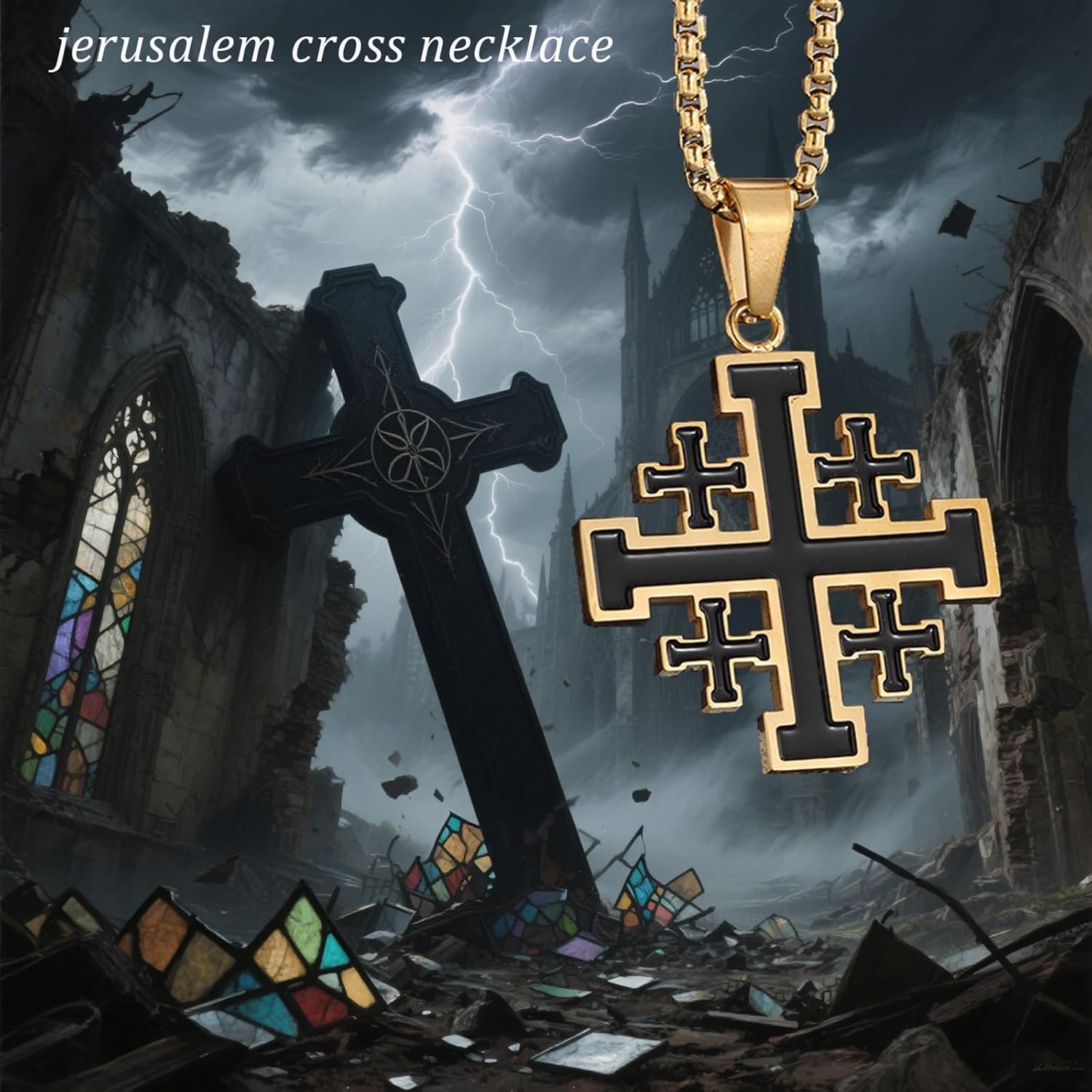 Jerusalem Cross Necklace, Crusader Templar Cross Pendant Necklace, Stainless Steel Cross Biker Necklace for Men Women - Image 4