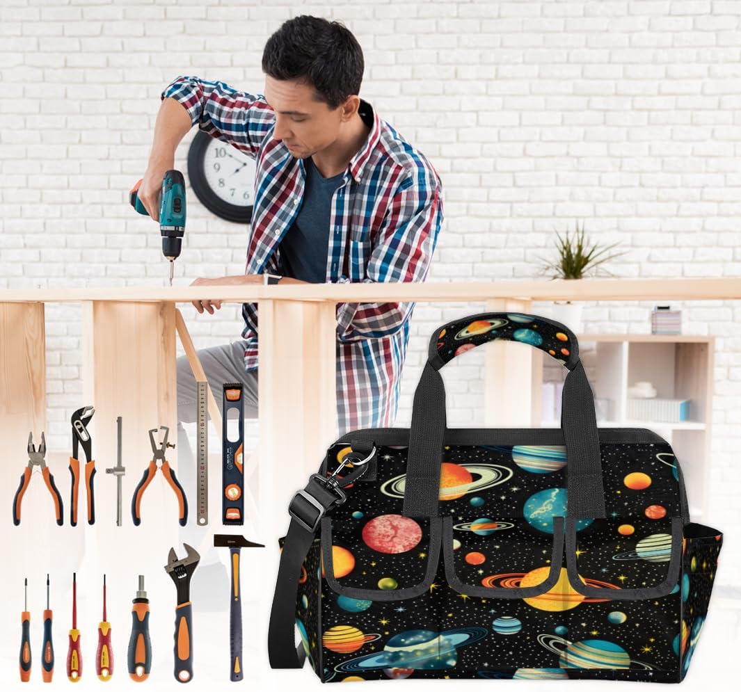 Funny Universe Planets Tool Bag with Multi-Pockets Wide Mouth Tool Tote Bag for Women and Men Waterproof Tool Organizer Storage Bag with Adjustable Shoulder Strap and Ergonomic Handle