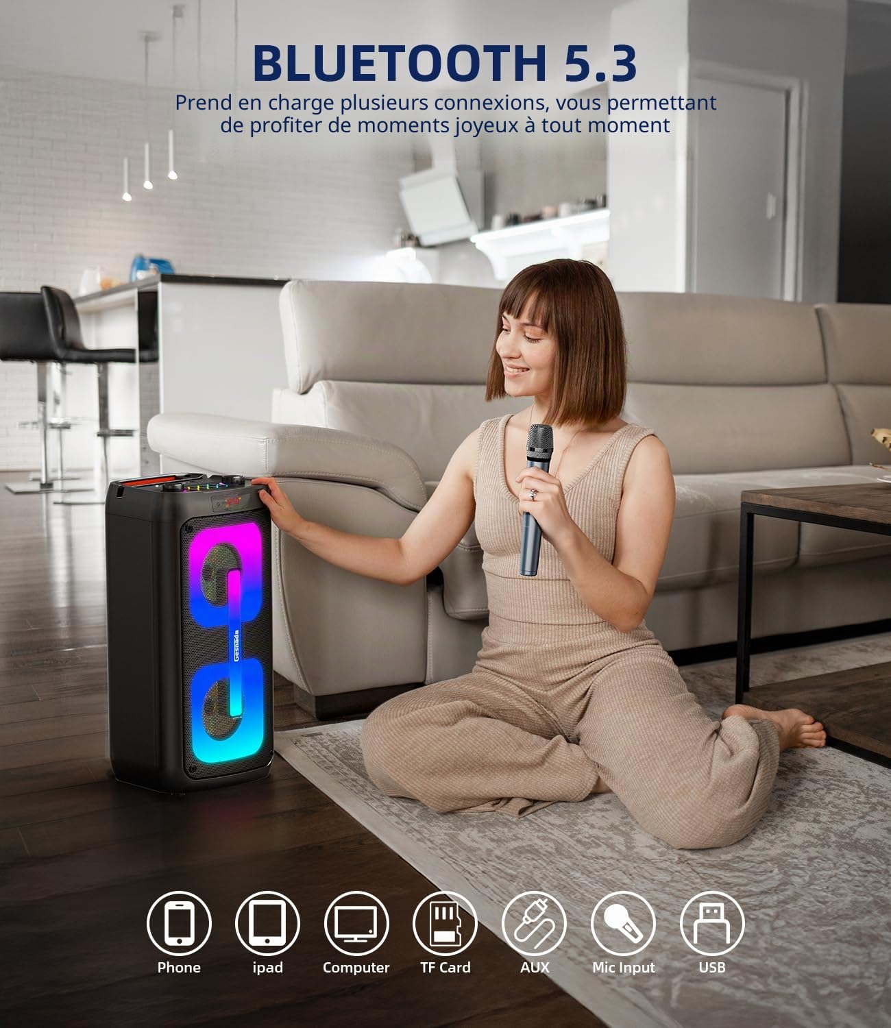 Machine de karaoké pour Adultes avec 2 Microphones,Enceinte Bluetooth Karaoke Professionnel avec Les lumières LED,idéale pour Les fêtes de Famille et Les Cadeaux. Support USB/TF/AUX/MIC/TWS