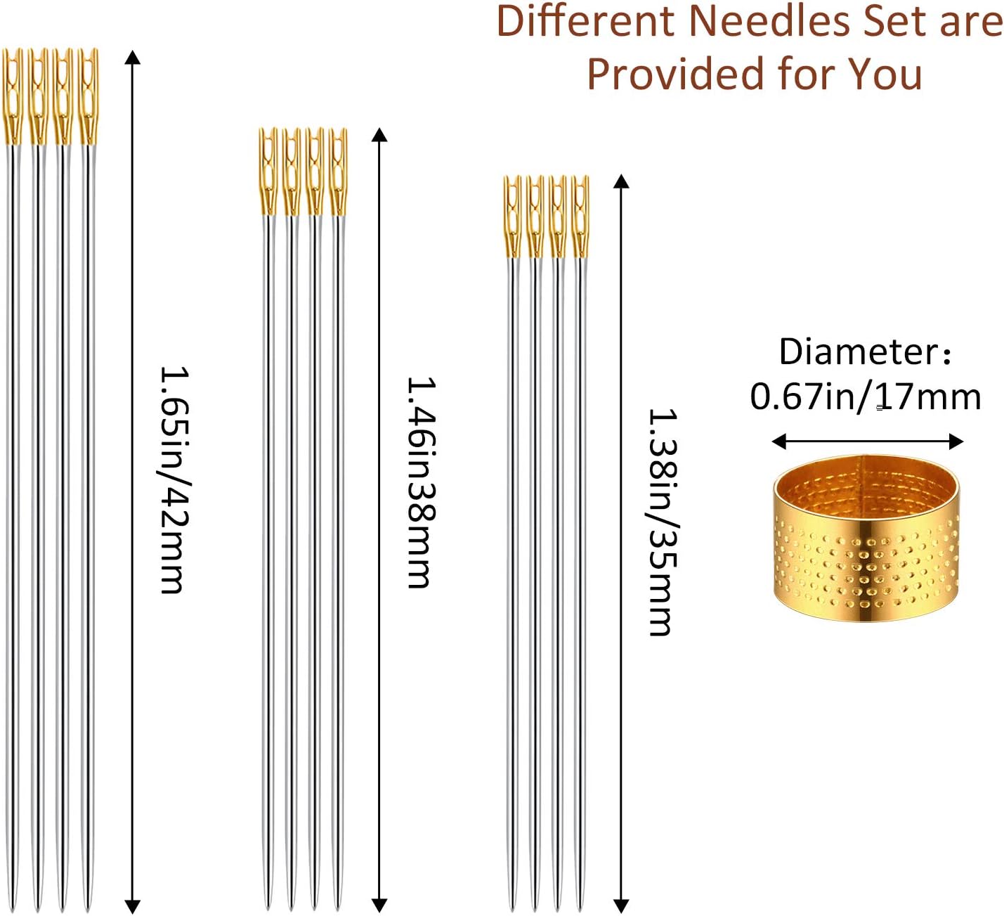 2 Pieces Wooden Needle Case Sewing Needles Holder Storage Box 24 Pieces Sewing Needles Gold Tail Needles Self Threading Needles 2 Pieces Copper Sewing Thimbles for Stitching Hand Crafts Knitting