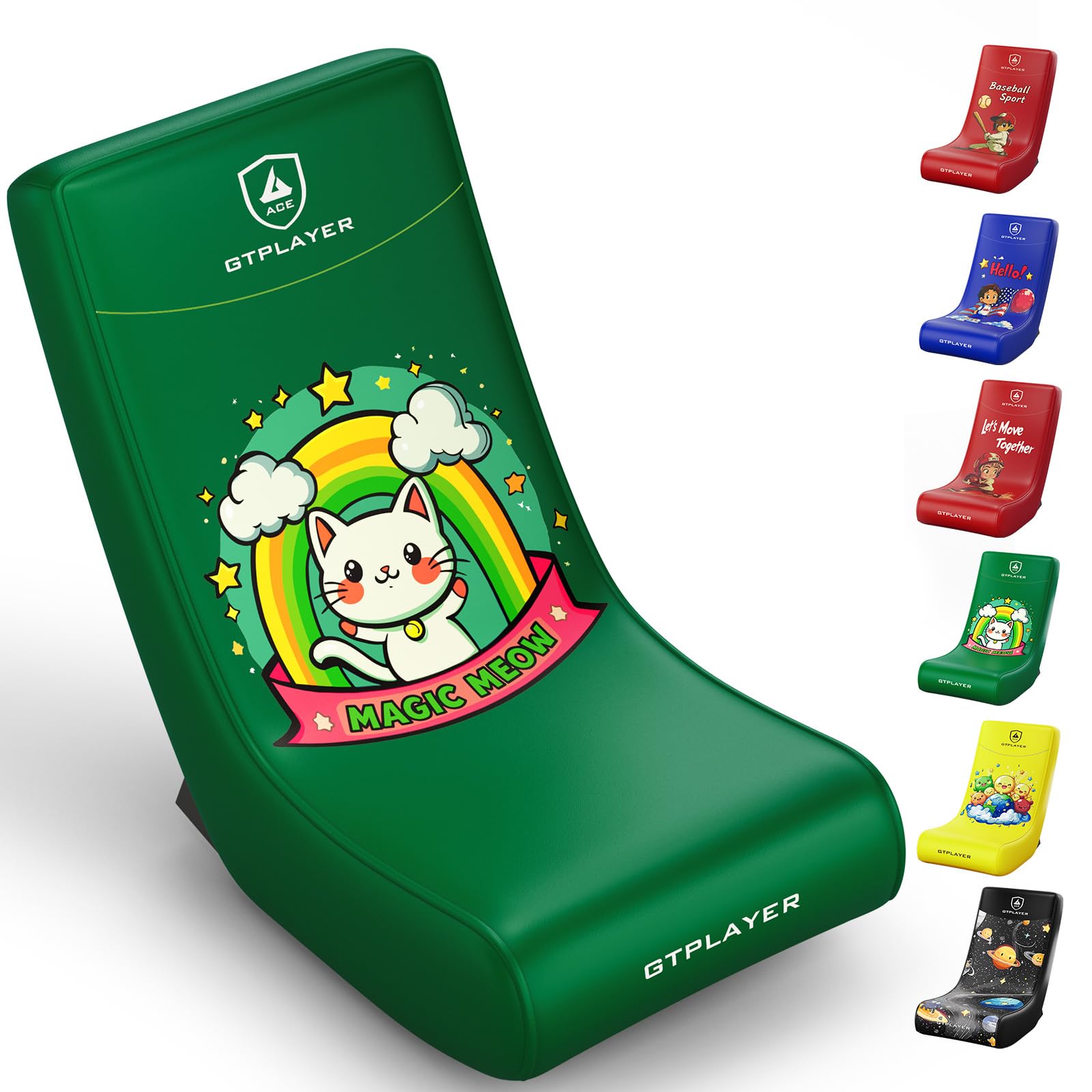 GTPLAYER Gaming Floor Rocking Chair – Rocker Floor Game Chair with Angle Limiter, Stylish Patterned Design, Comfortable Video Game Seat, Green Cat Pattern