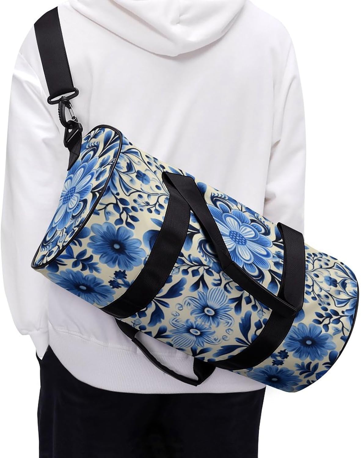 Aesthetic Sports Bag for Women Blue Folk Art Printed Duffle Travel Bag for Men Women Mini Workout Bags Cylindrical Gym Bag