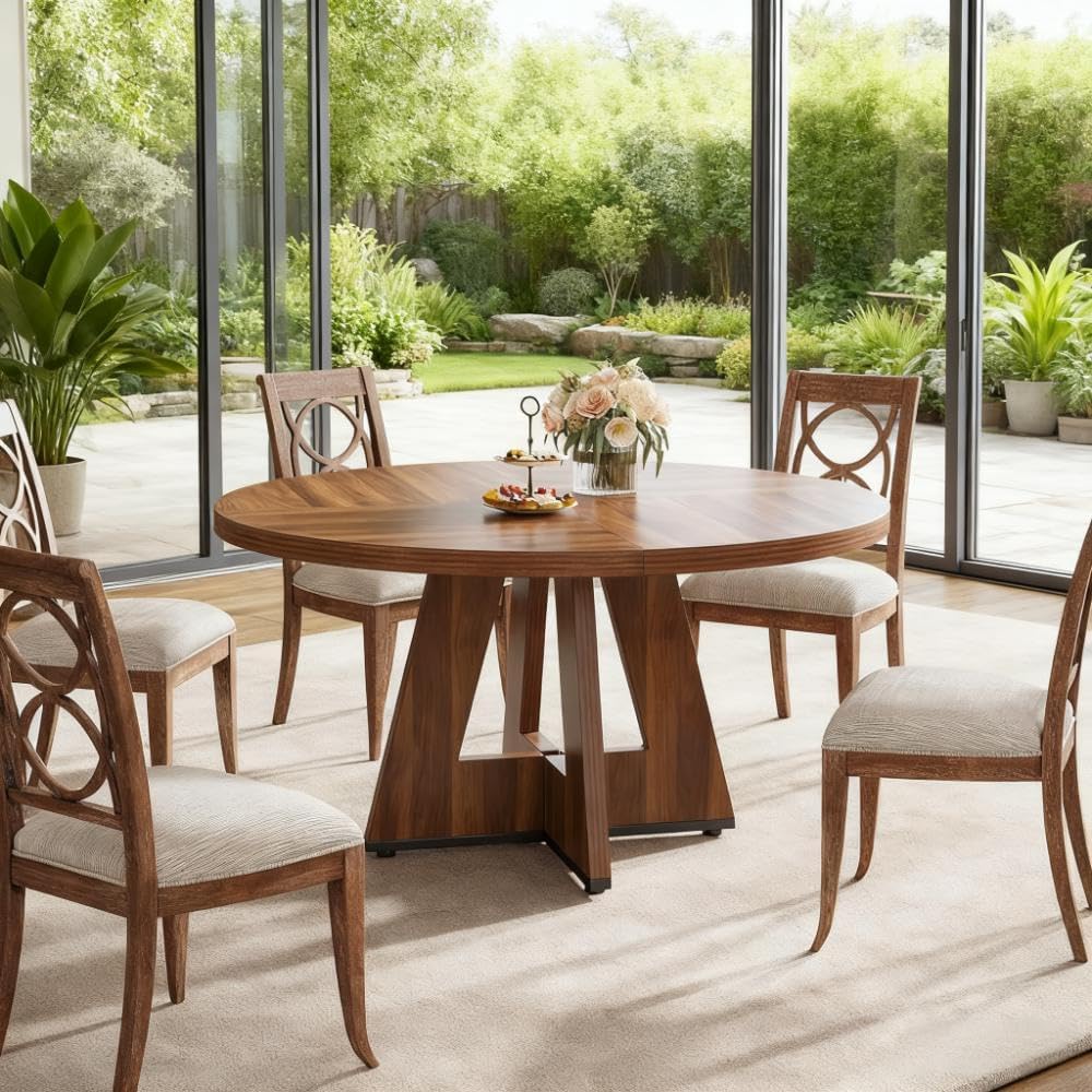 Penau 47 Inchs Round Dining Table, Engineered Wood Pedestal Table, Walnut Finish, Seats 4-6, Thick MDF Top, 47.24 x 47.24 x 29.53 Inchs, Easy Assembly