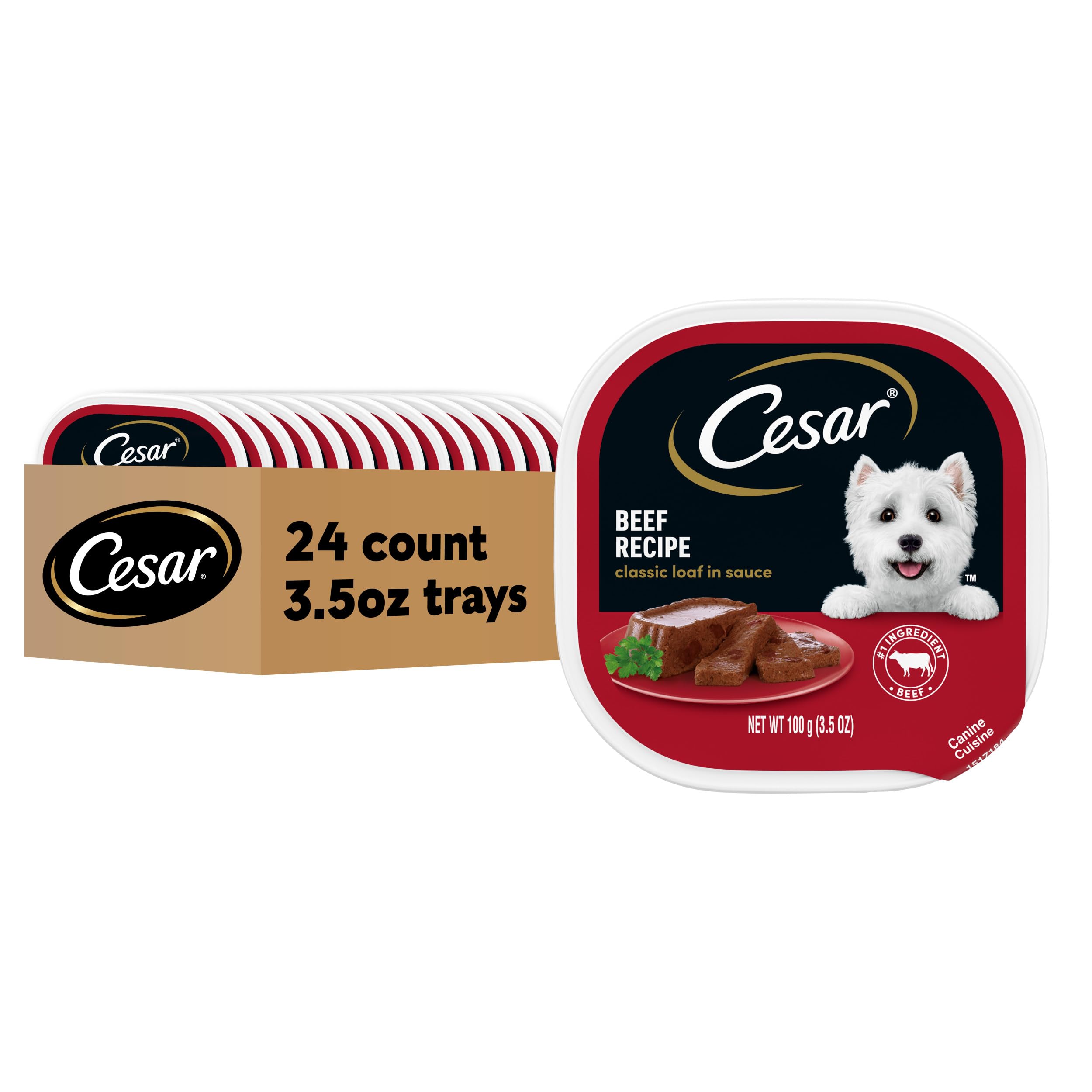 Cesar Wet Dog Food Loaf in Sauce Beef Recipe, 3.5 oz. Easy Peel Trays (24 Count, Pack of 1)