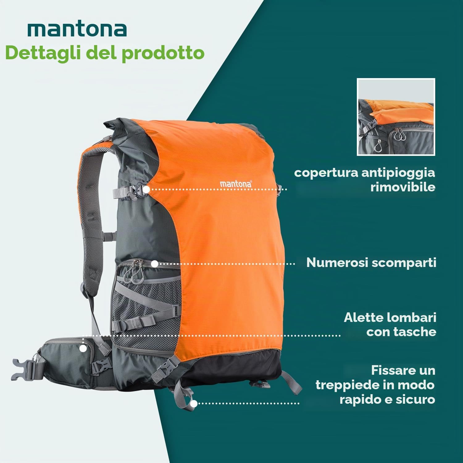 Mantona ElementsPro 50 Outdoor und Kamerarucksack (geeignet fr 1 bis 2 Kameras, 4 bis 5 Objektive, Netzteil und Zubehr, Laptop-Fach bis 15 Zoll, aus praktischem Nylon mit Regenschutz) grau/orange