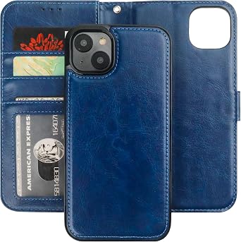 Bocasal Detachable Wallet Case for iPhone 14 Plus RFID Blocking Card Slots Holder Premium PU Leather Magnetic Kickstand Shockproof Wrist Strap Removable Flip Protective Cover 5G 6.7 inch Blue