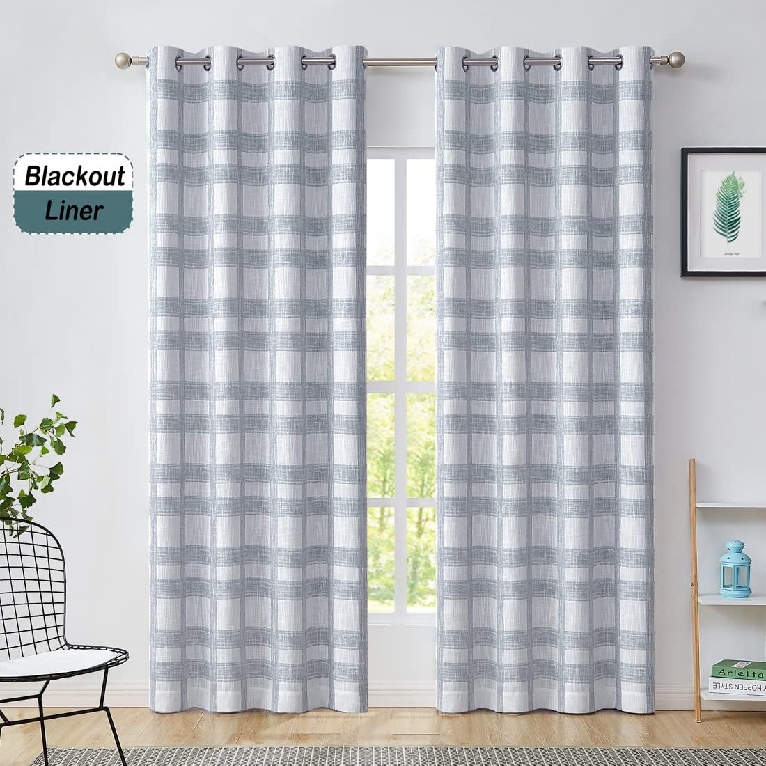 Plaid Blackout Window Curtain Buffalo Check Geometric Panel 108 Inches Extra Long for Bedroom Living Room Grommet Top Rustic Farmhouse Thermal Insulated Drape, 50"x108"x2, Dusty Blue/White