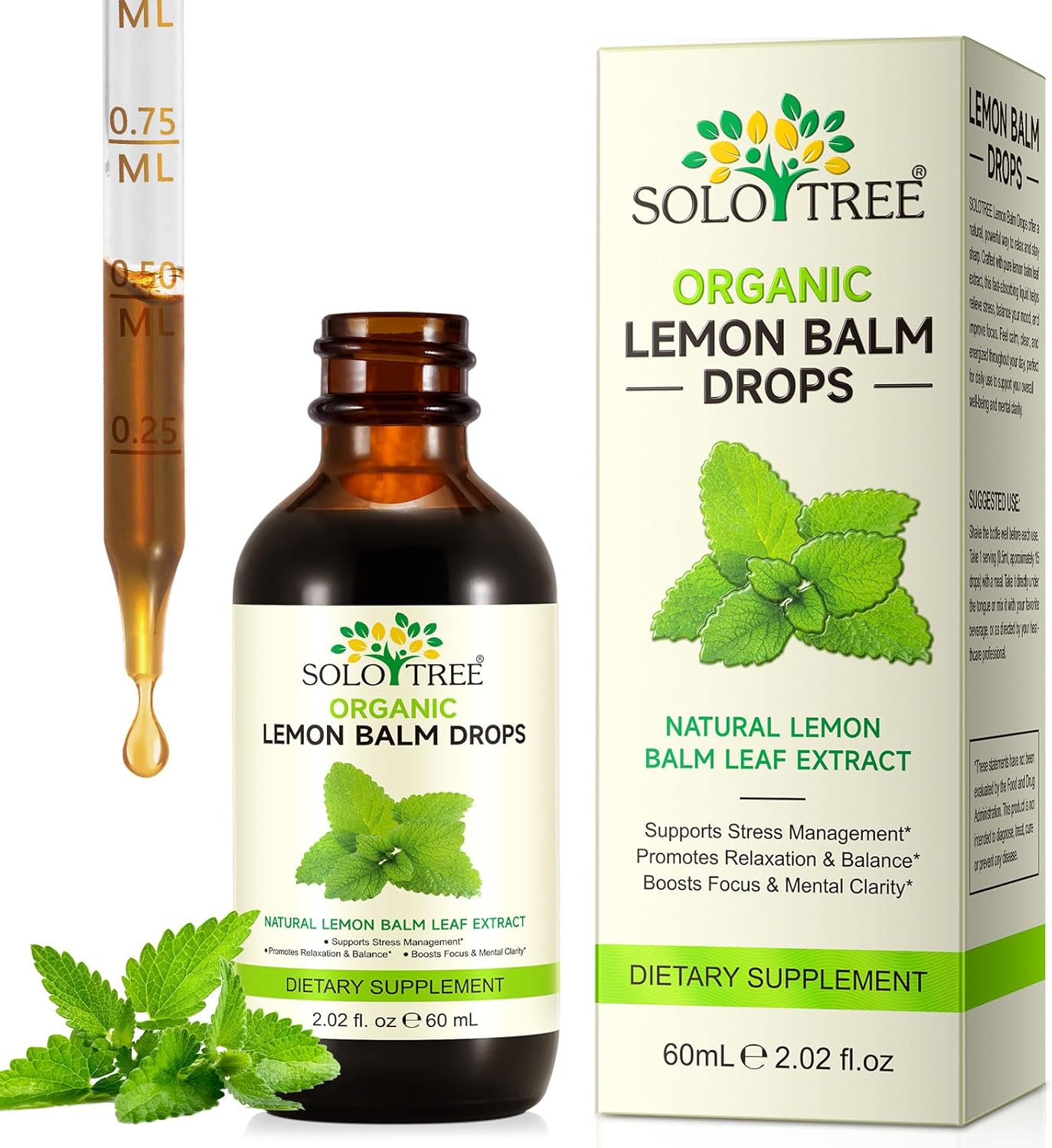 SOLOTREE Lemon Balm Drops, Lemon Balm Tincture for Digestion & Relaxation, Vegan, Non-GMO, Gluten-Free, 2 FL OZ